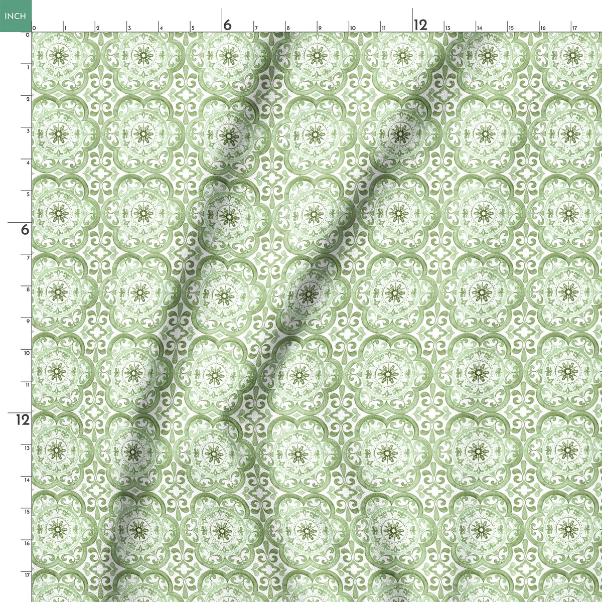 Green medallion tile-inspired pattern by Nicole Tamarin, featuring ornate floral details in a repeating square layout. springs ruler 18x18