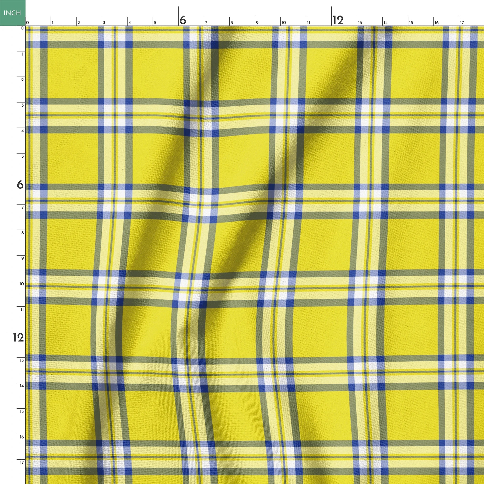 Officially licensed Clueless yellow plaid with white, olive green, and blue stripes, inspired by Cher Horowitz’s iconic outfit. springs ruler 18x18