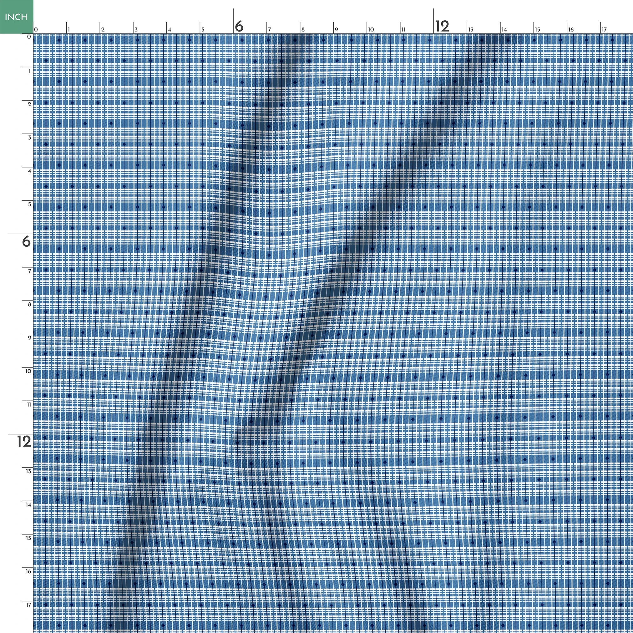 Blue and white plaid pattern with thin grid lines in various shades of blue on light background springs ruler 18x18
