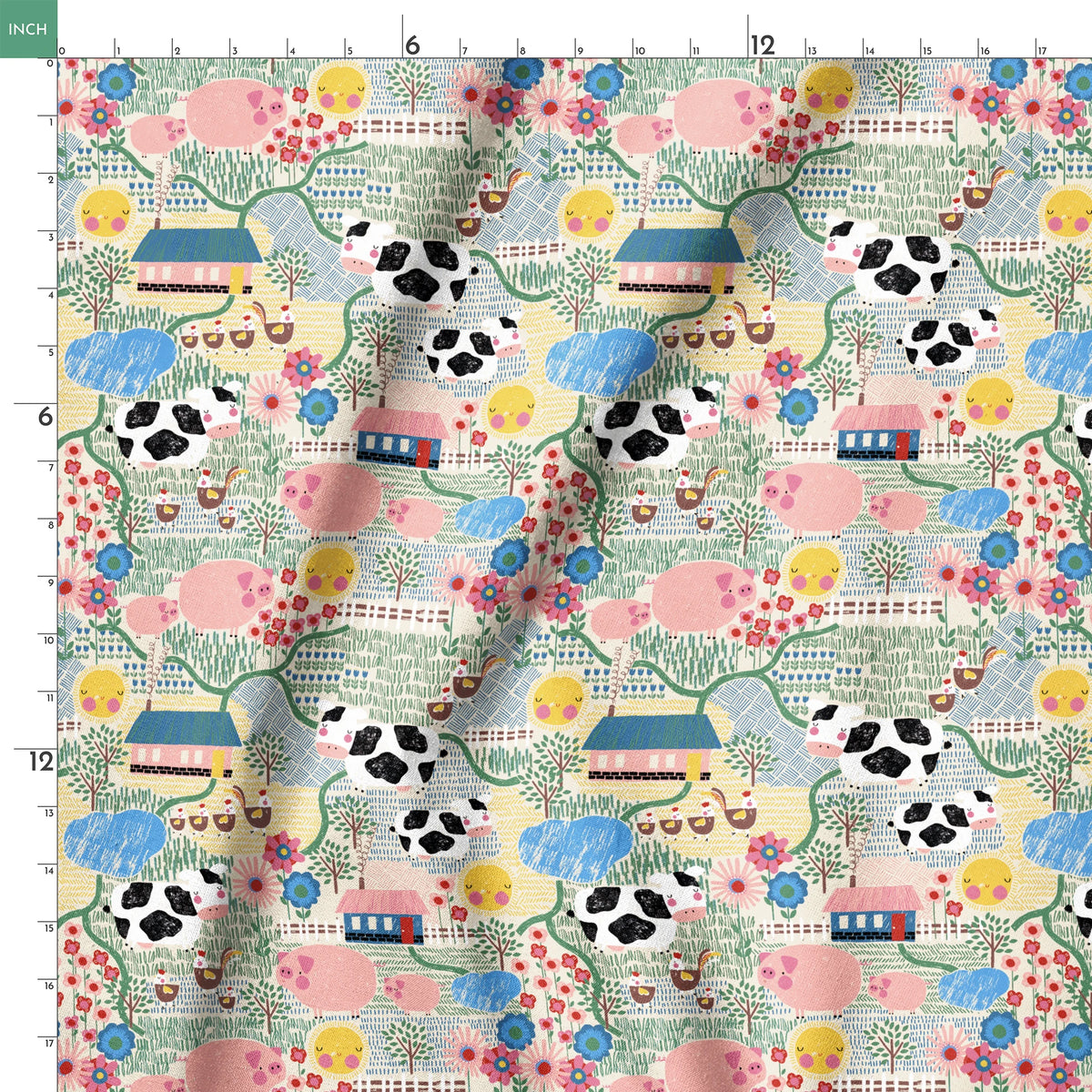 Colorful farm illustration with pink pigs, spotted cows, flowers, and small houses on textured ba... springs ruler 18x18