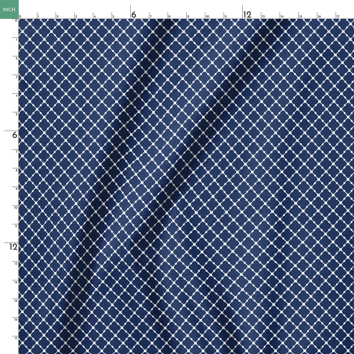 Navy blue quatrefoil pattern with white lattice design on dark background springs ruler 18x18
