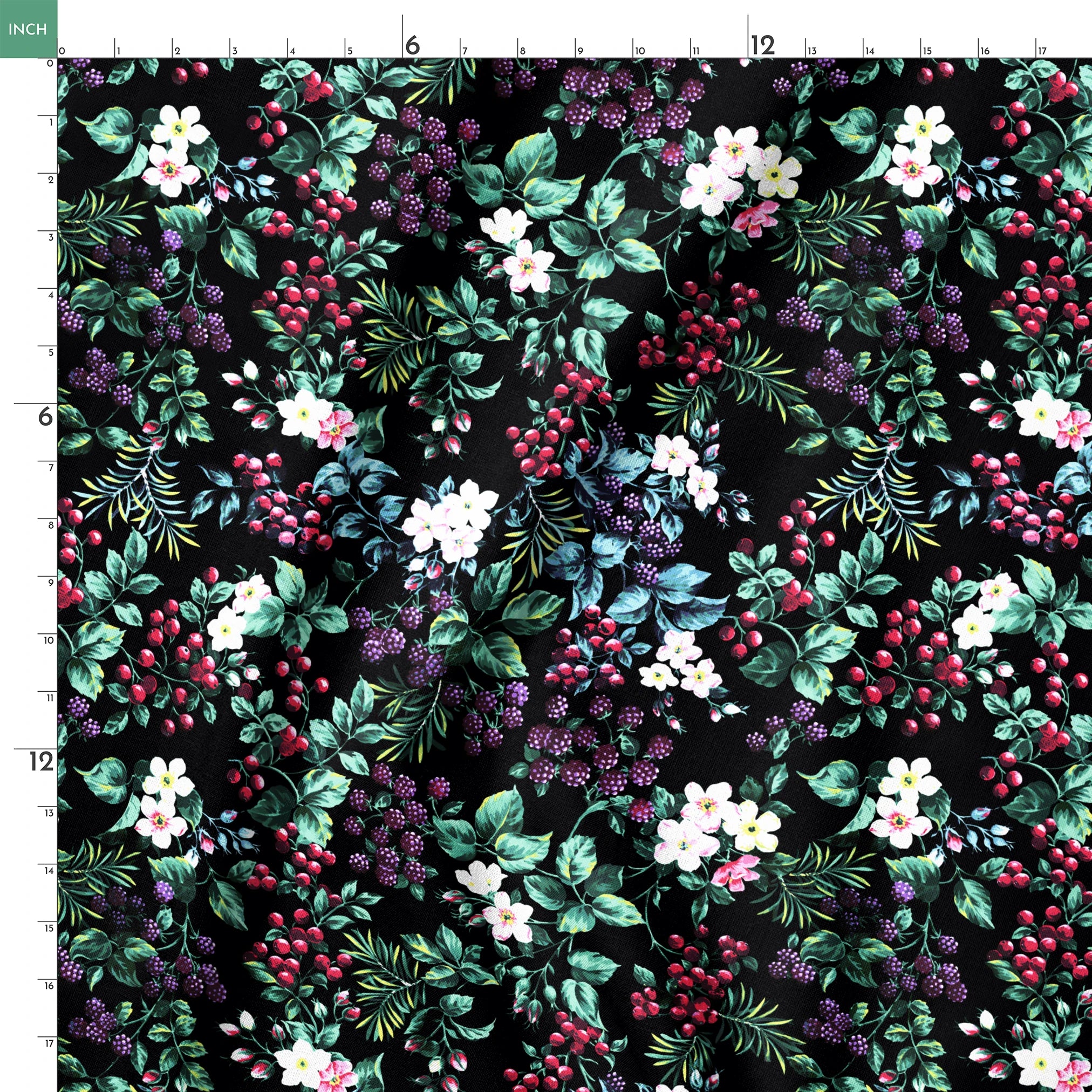 Colorful botanical pattern with white flowers, red cherries, purple blackberries, and green leaves on black background springs ruler 18x18