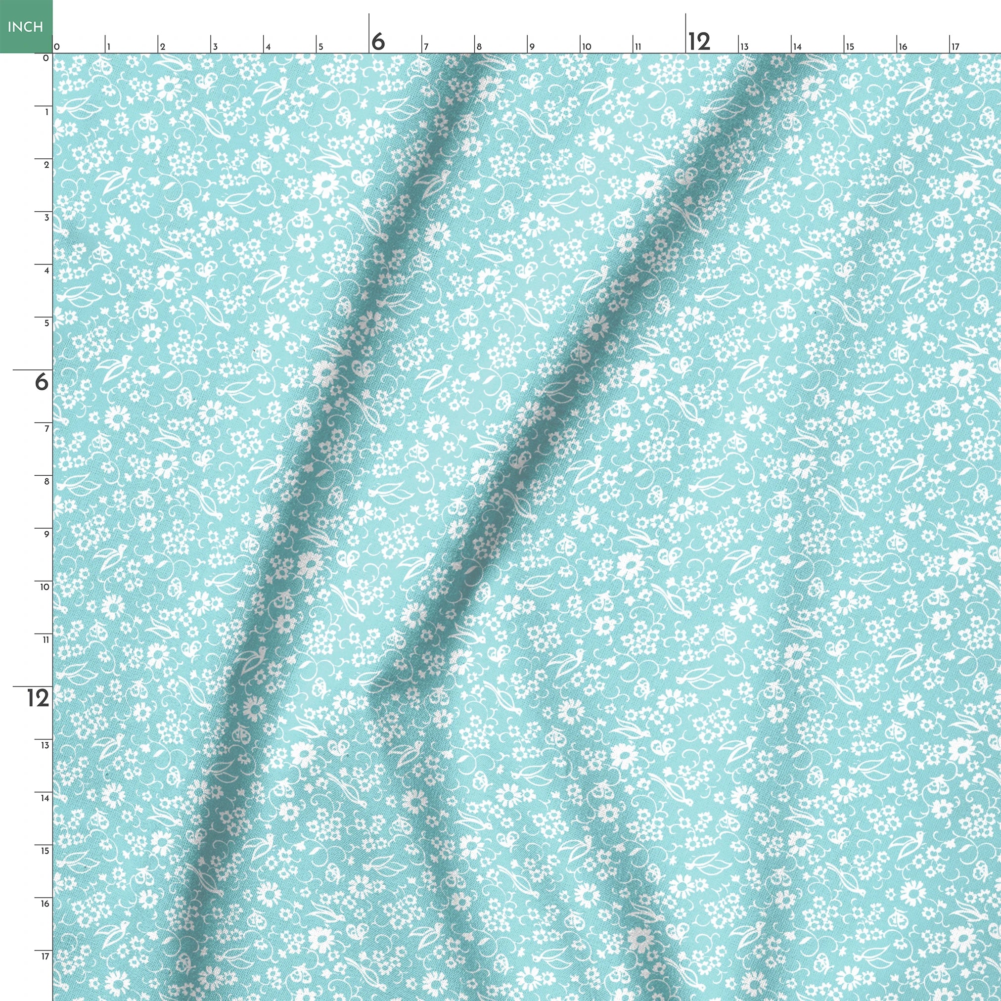 Delicate white floral pattern on a soft turquoise background with swirling leaf motifs springs ruler 18x18
