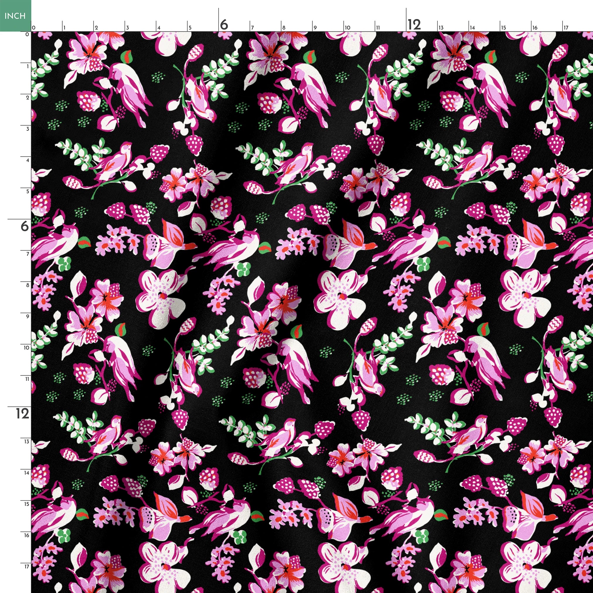Vibrant pink birds and flowers pattern on black background with strawberry accents springs ruler 18x18
