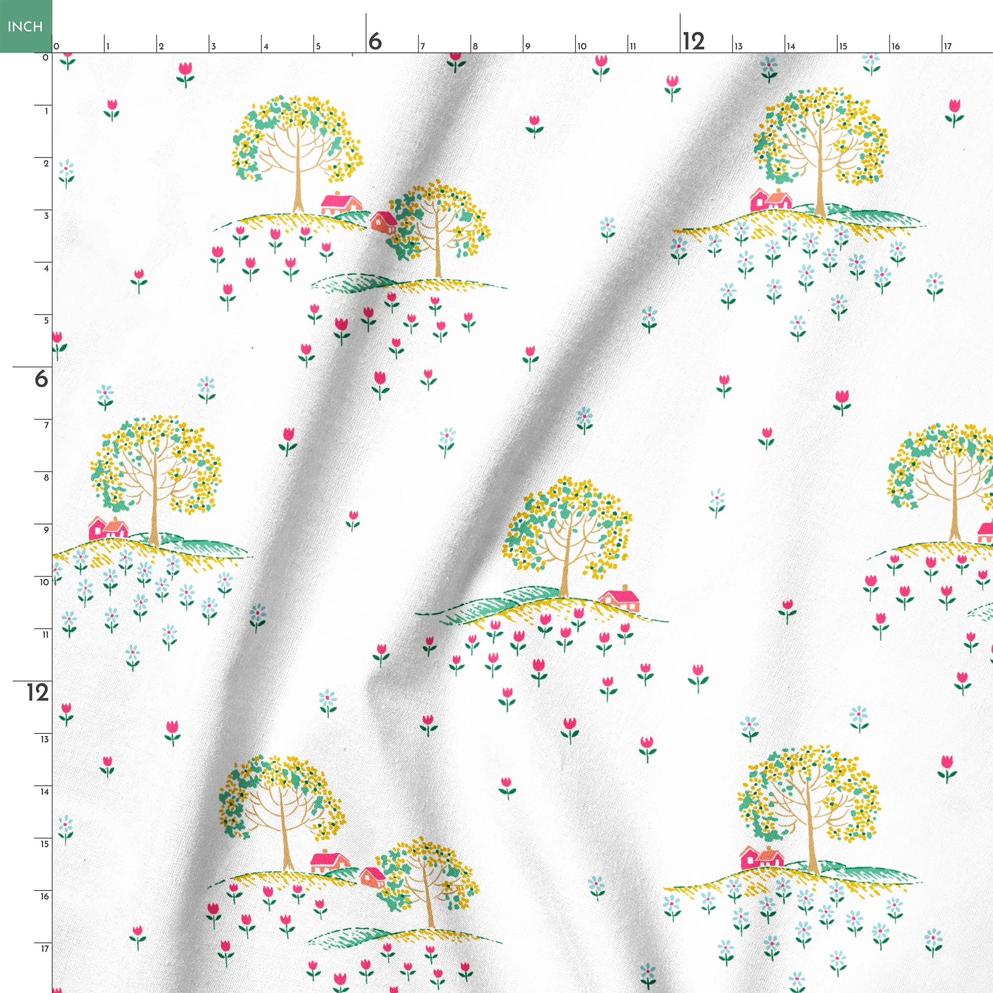 Whimsical pattern of colorful trees on small hills with scattered tiny flowers on a white background springs ruler 18x18