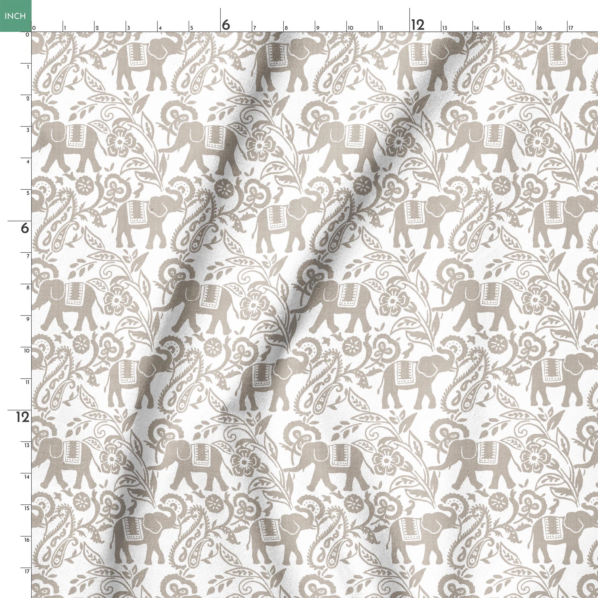 Gray elephants with decorative blankets amid swirling floral and paisley patterns on white background springs ruler 18x18