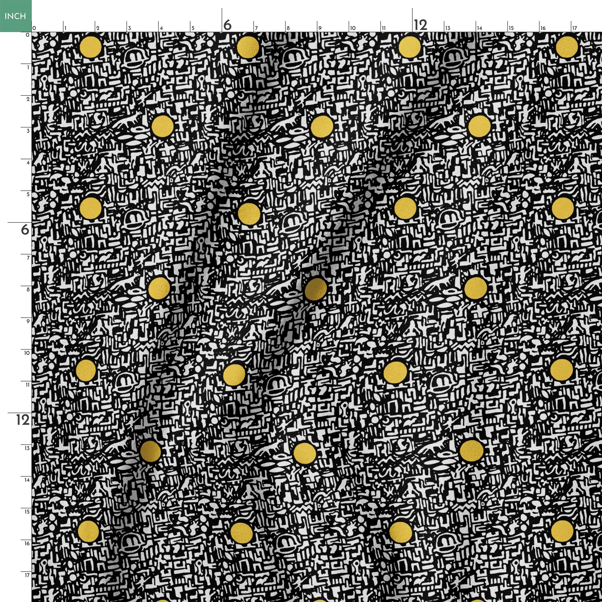 Abstract black and white maze pattern with scattered golden yellow dots arranged in a grid springs ruler 18x18