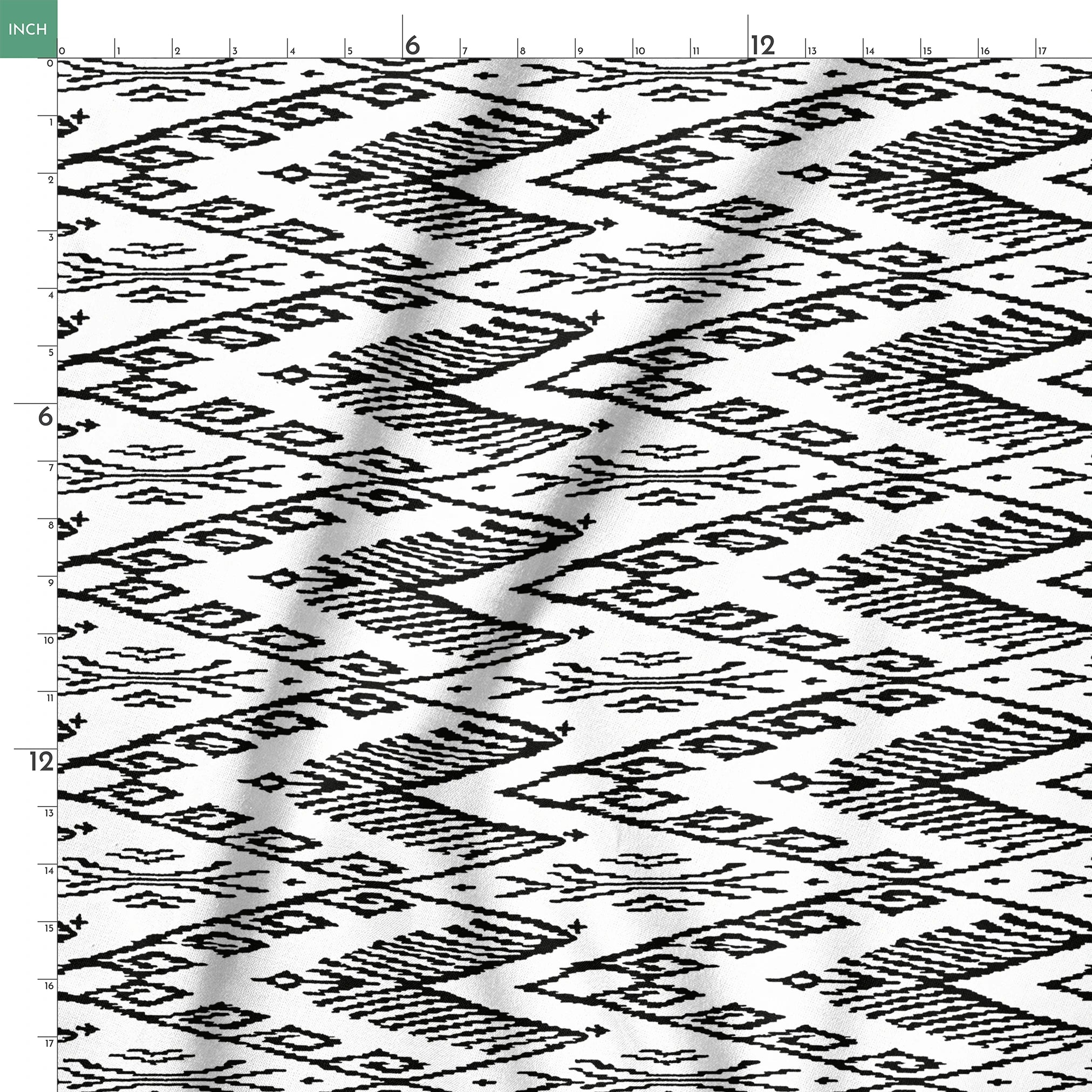 Black and white geometric pattern with diamond shapes and zigzag motifs on a textile surface springs ruler 18x18