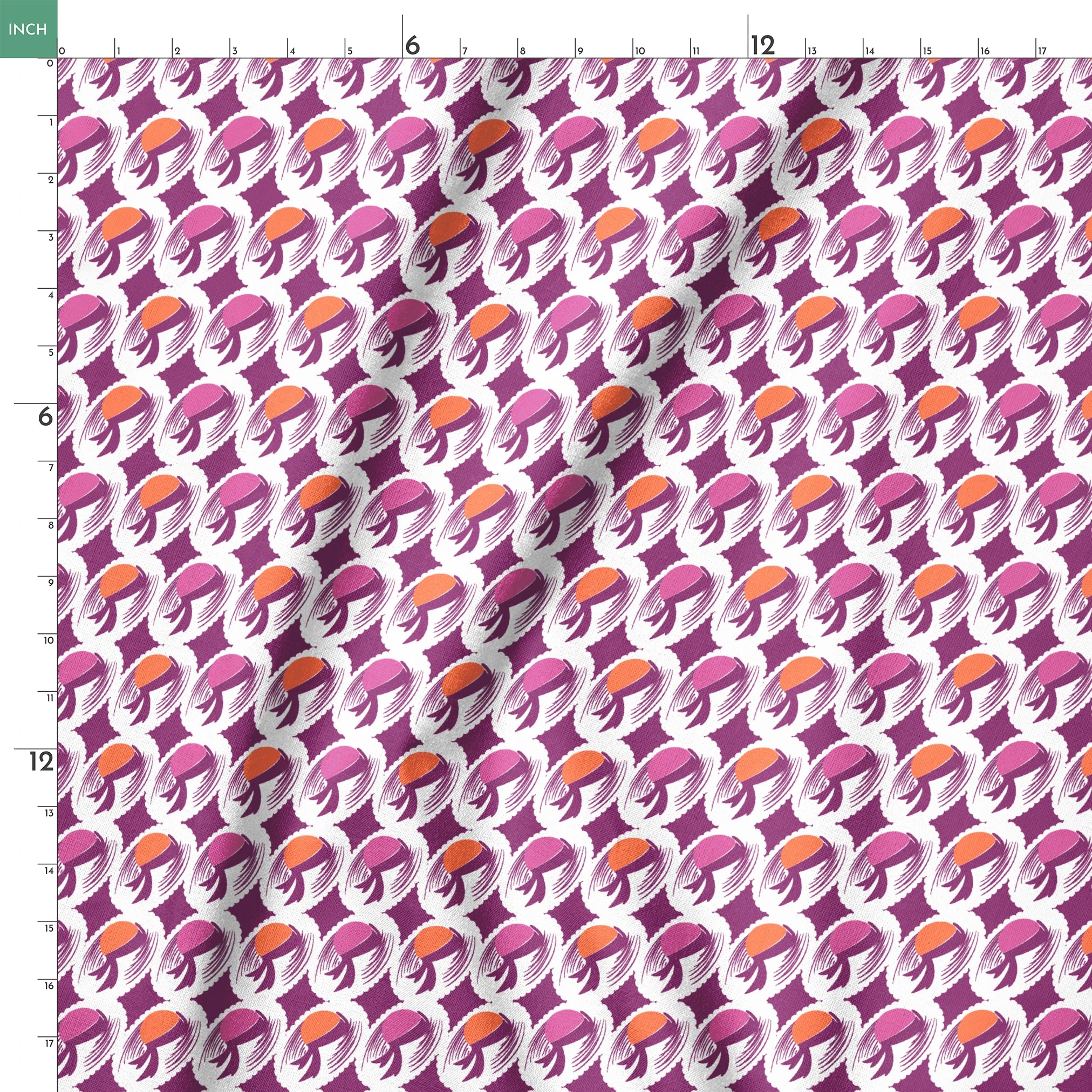 Abstract pattern with purple and orange oval shapes with flowing brush strokes on white background springs ruler 18x18