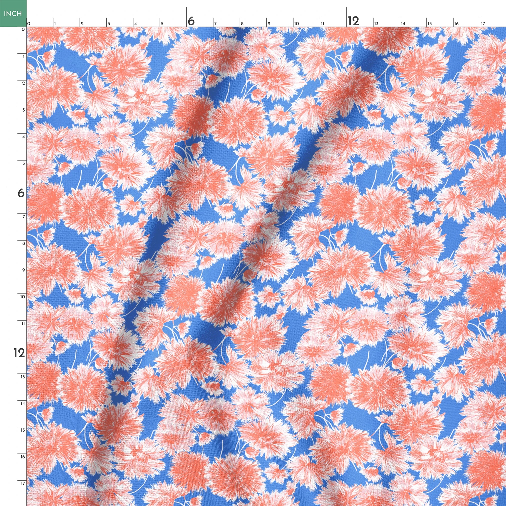 Coral pink floral pattern of chrysanthemums or dahlias on bright blue background springs ruler 18x18