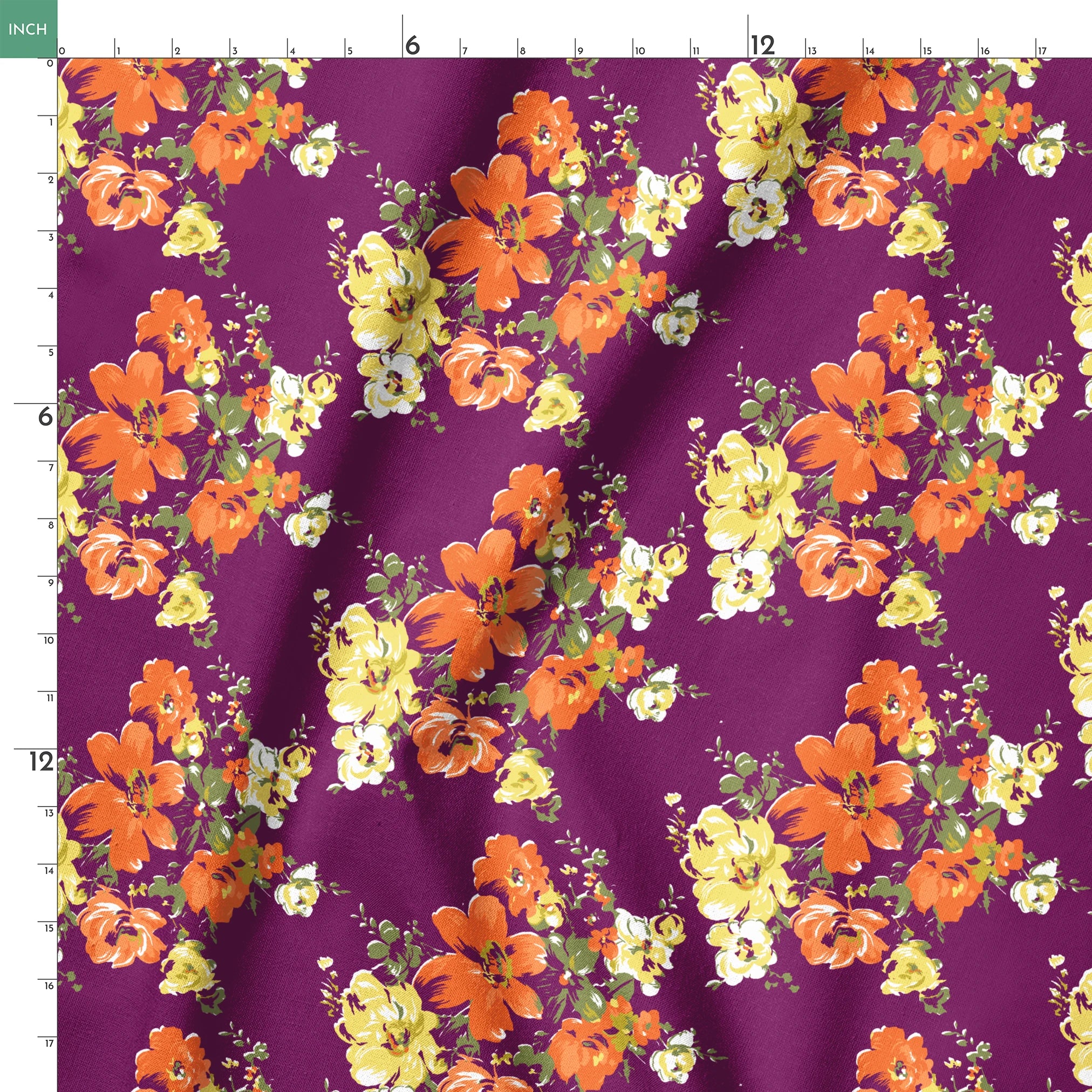 Vibrant floral pattern with orange and yellow blooms against a deep purple background springs ruler 18x18