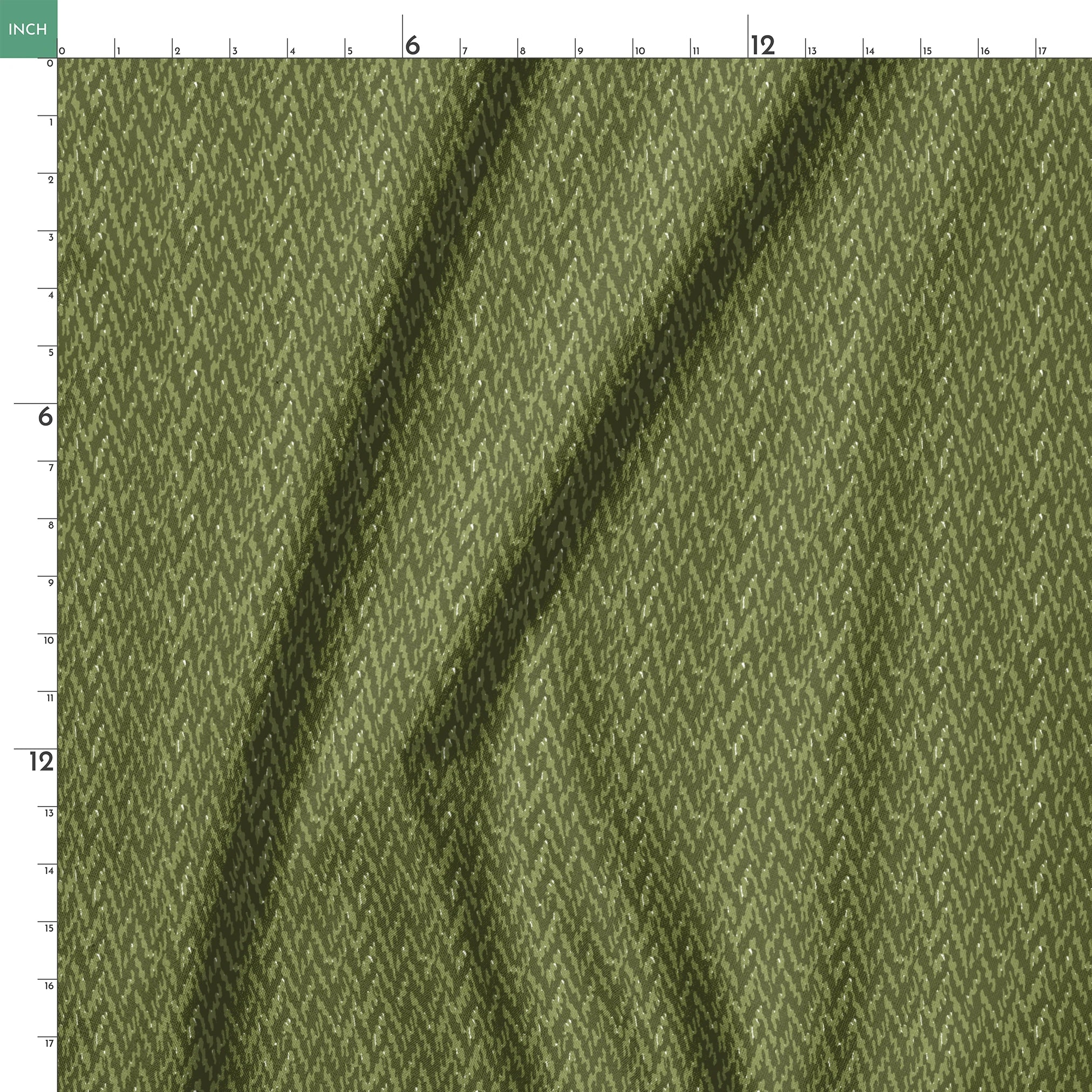 Military camouflage pattern in various shades of olive green with irregular vertical stripes springs ruler 18x18