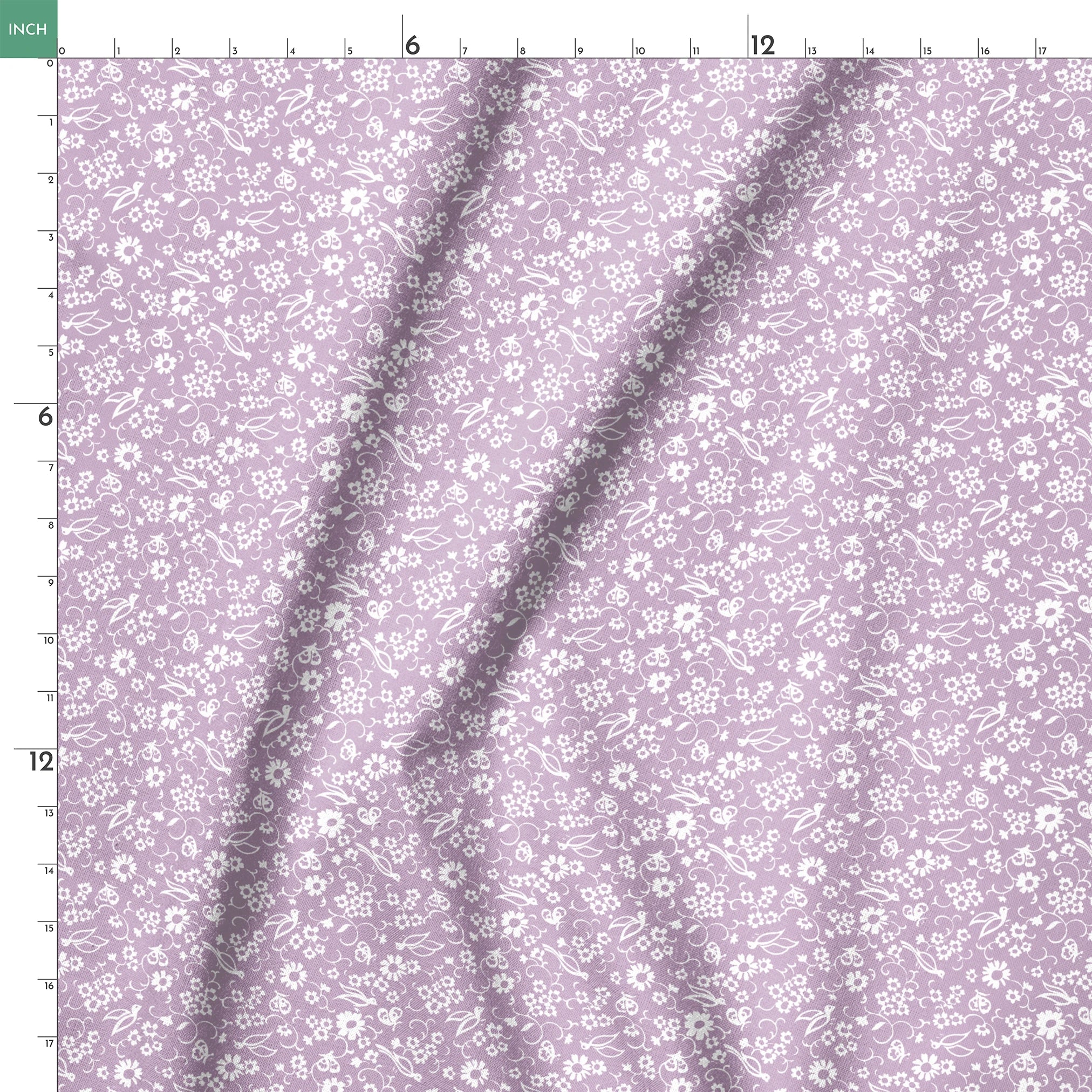 White floral pattern on lavender purple background with daisies and decorative swirls springs ruler 18x18