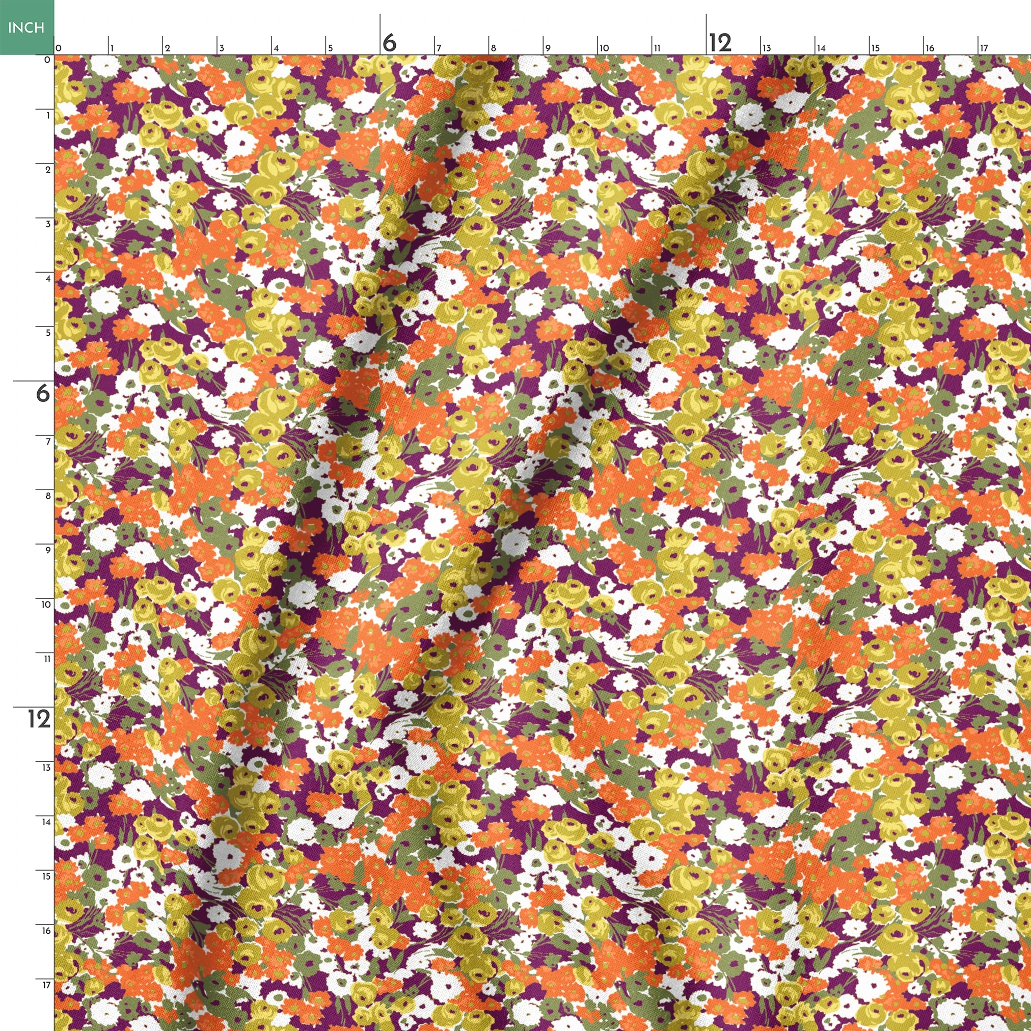 Vibrant floral pattern with white, orange, yellow, green, and purple abstract blooms springs ruler 18x18