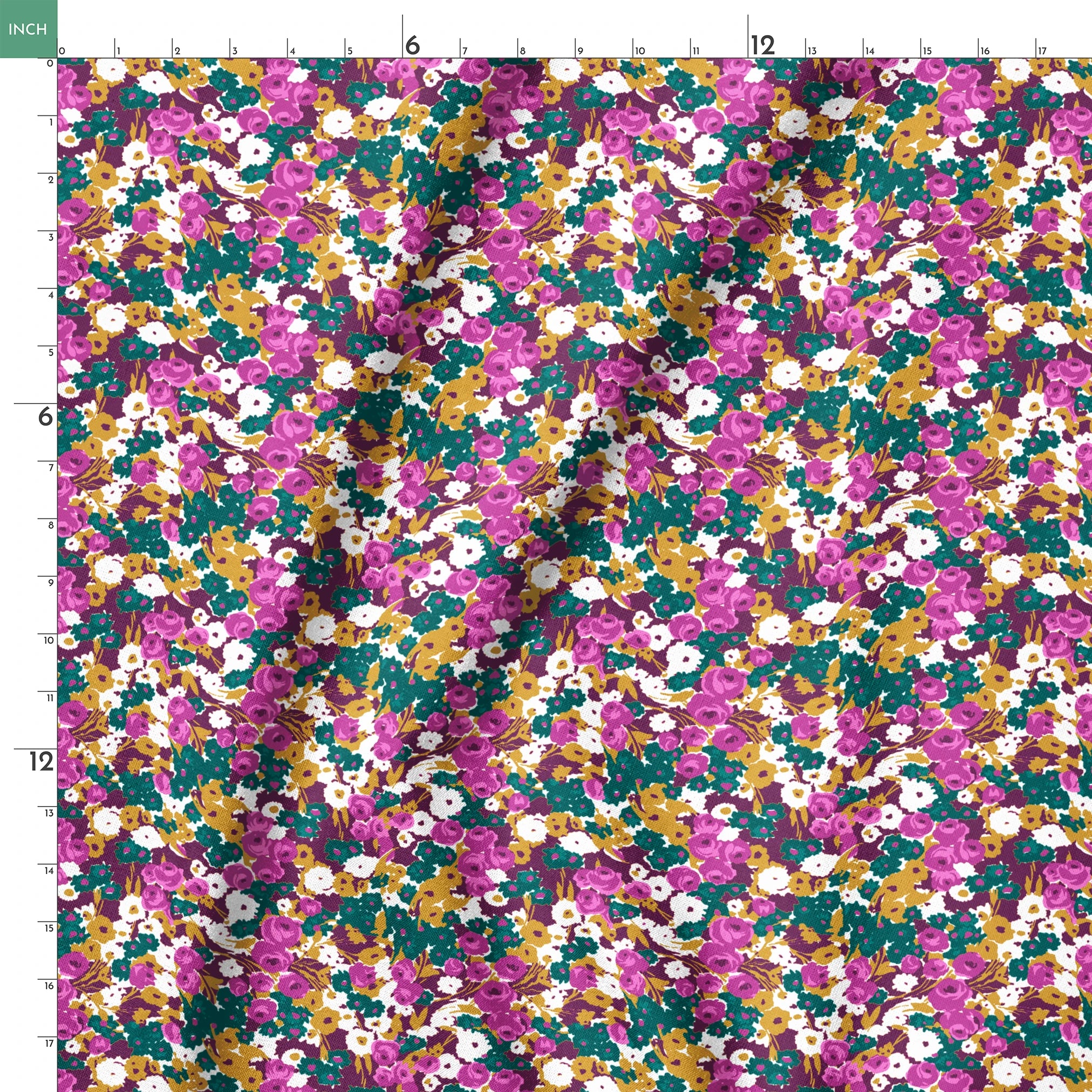 Vibrant floral pattern with purple, white, and gold flowers on teal background springs ruler 18x18