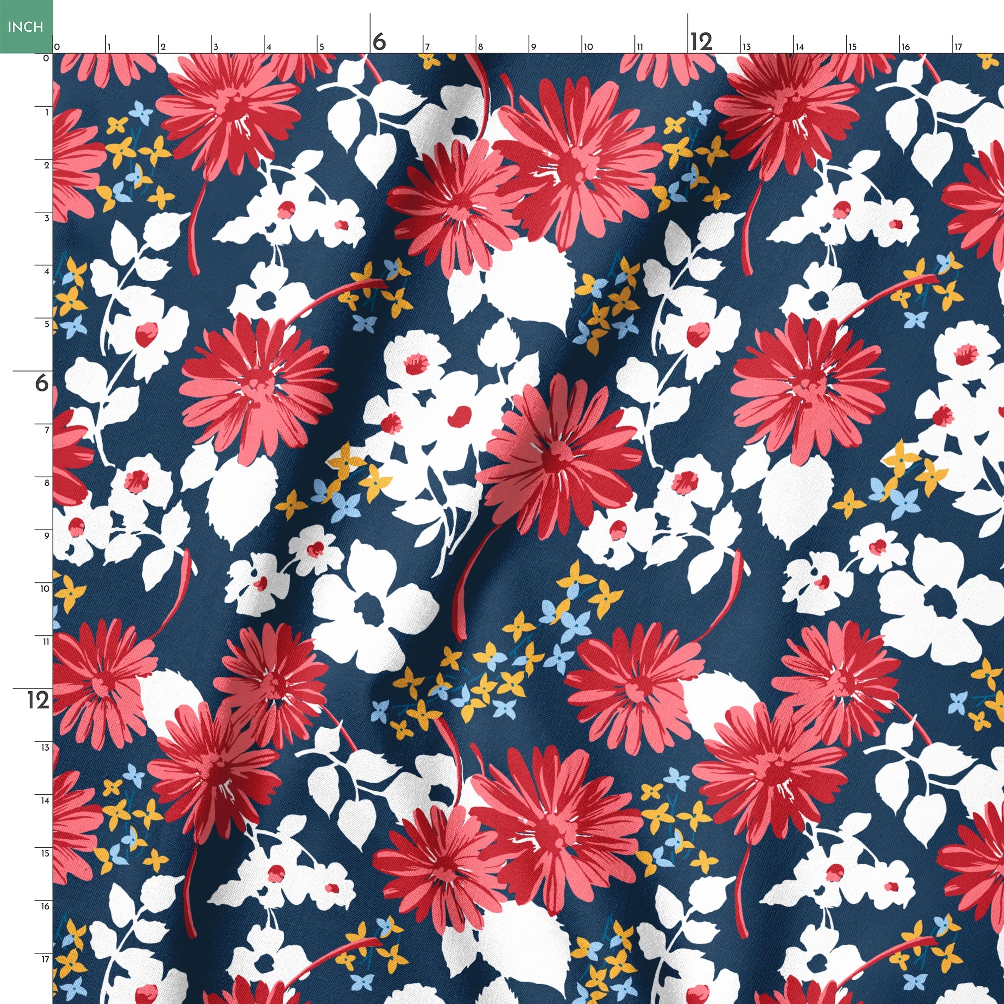 Vibrant floral pattern with red daisies and white flowers on navy background with small gold stars springs ruler 18x18