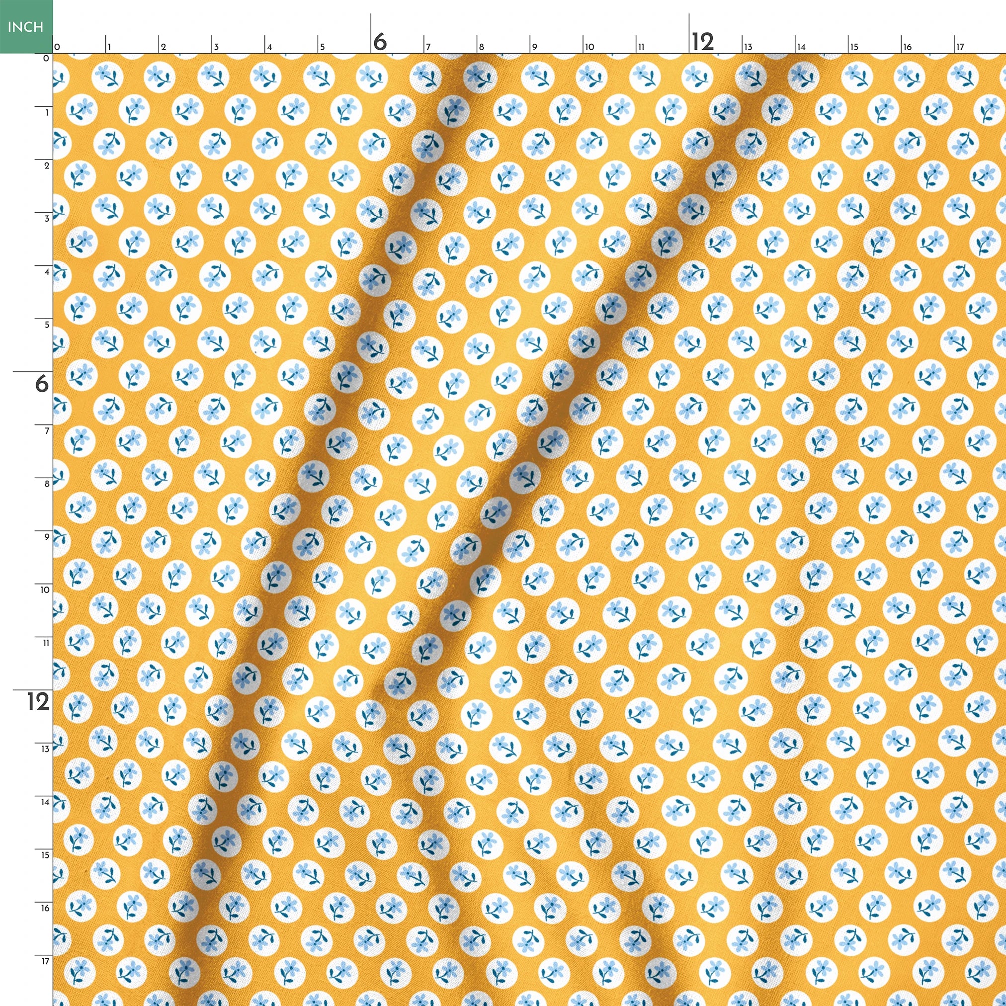 Light blue flowers with navy stems in white circles on a mustard yellow background springs ruler 18x18