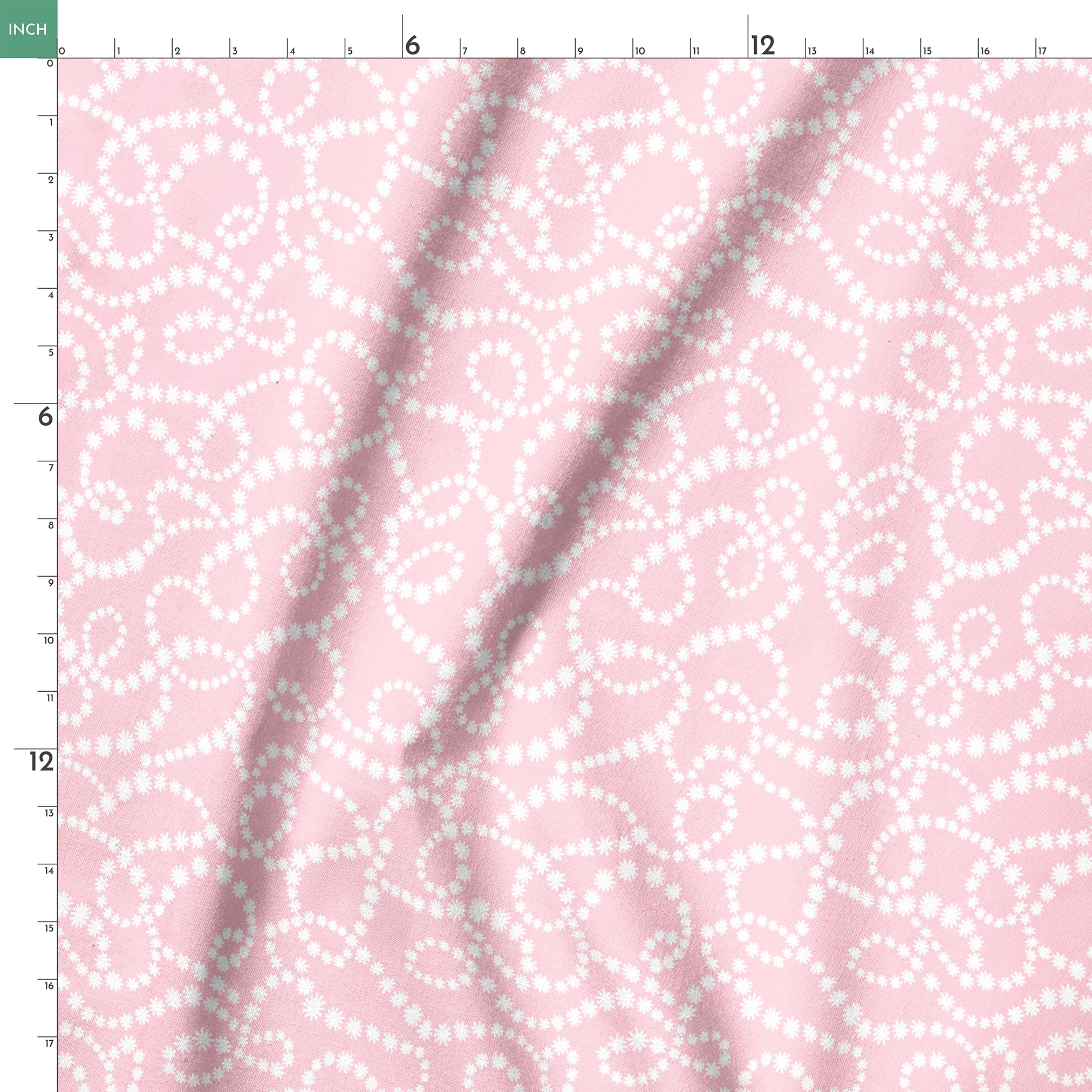 Baby pink background with white dotted swirling pattern creating delicate curved lines and loops springs ruler 18x18