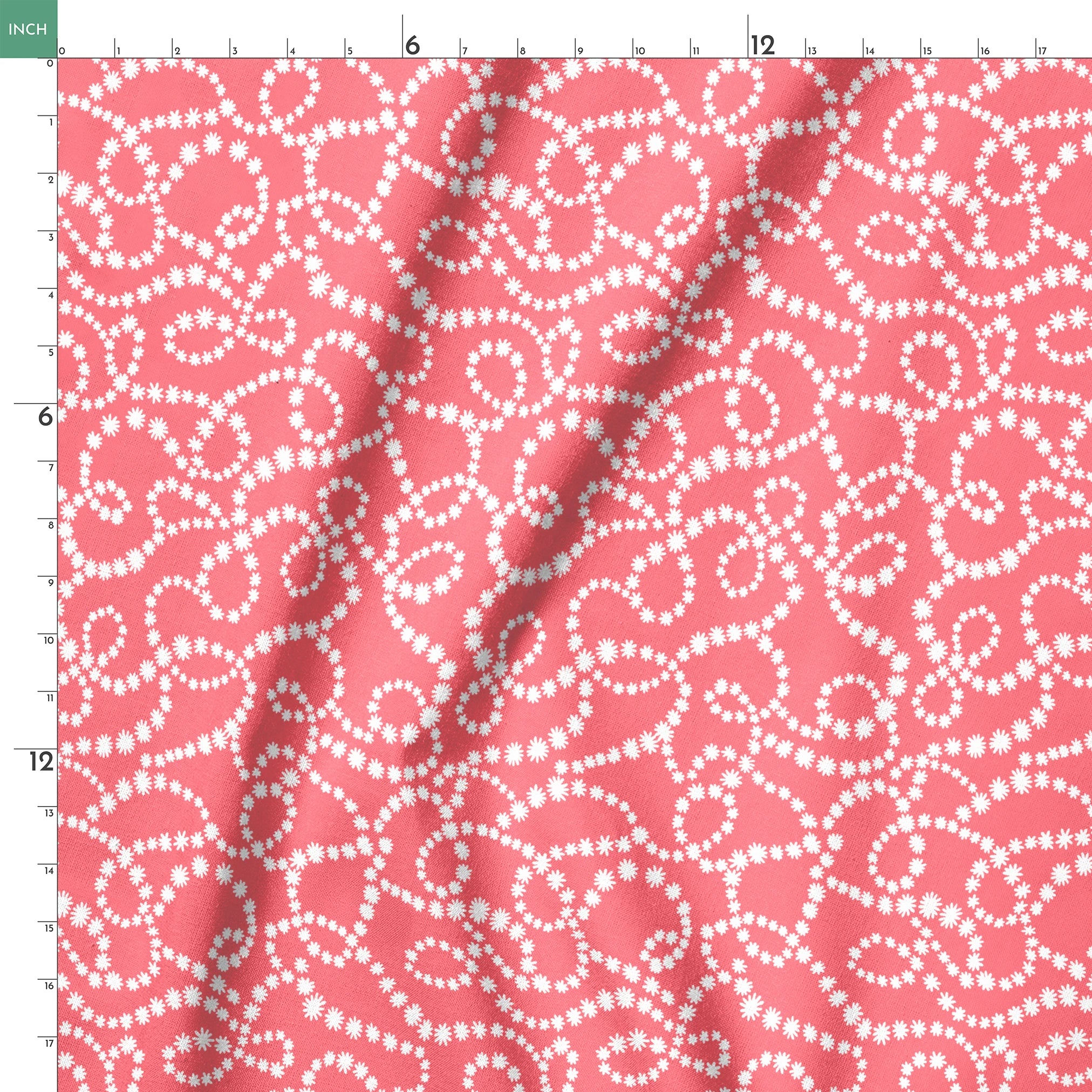 White dot patterns forming swirling chains on coral pink background springs ruler 18x18