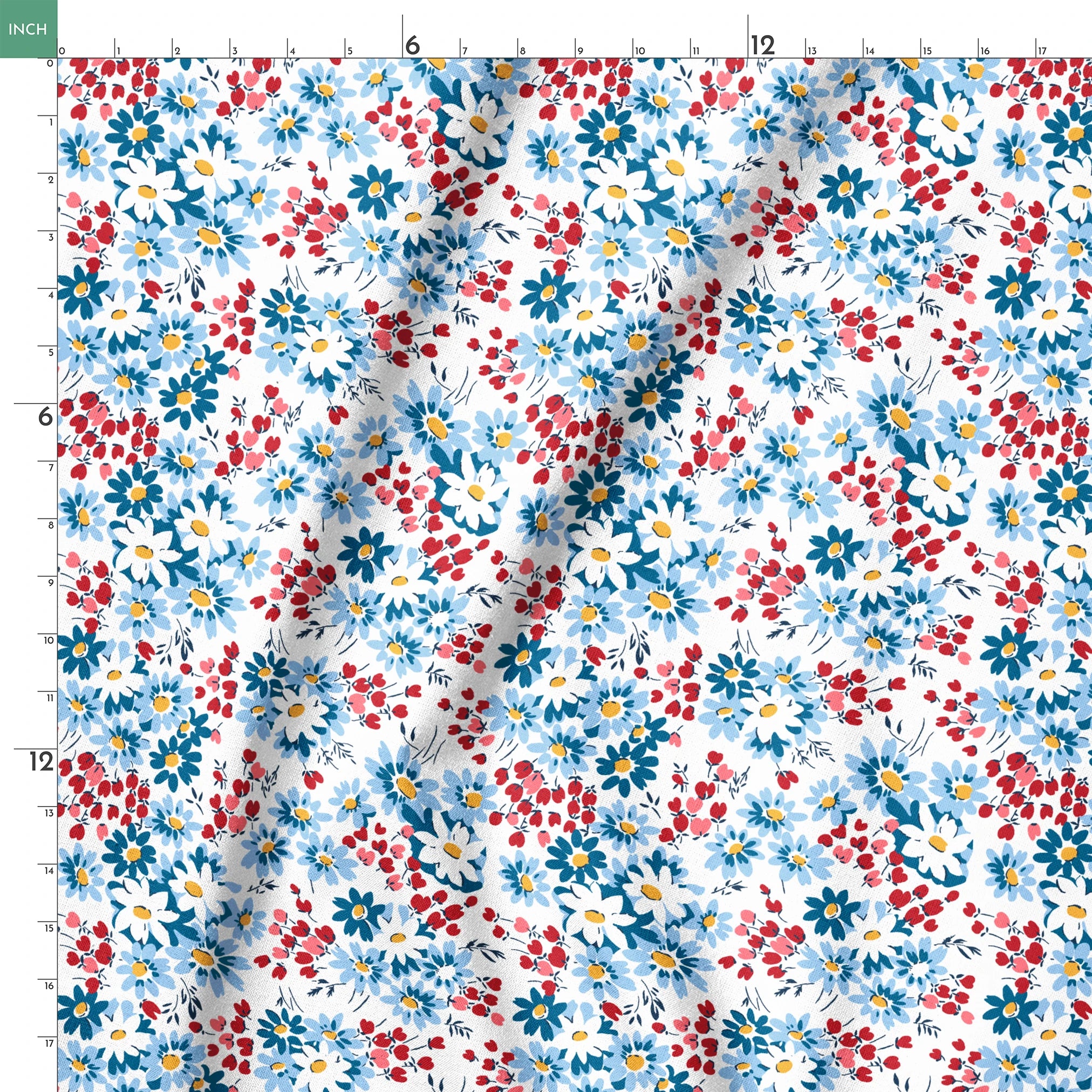 Blue and white daisies with small red berries scattered across a light background in a floral pattern springs ruler 18x18