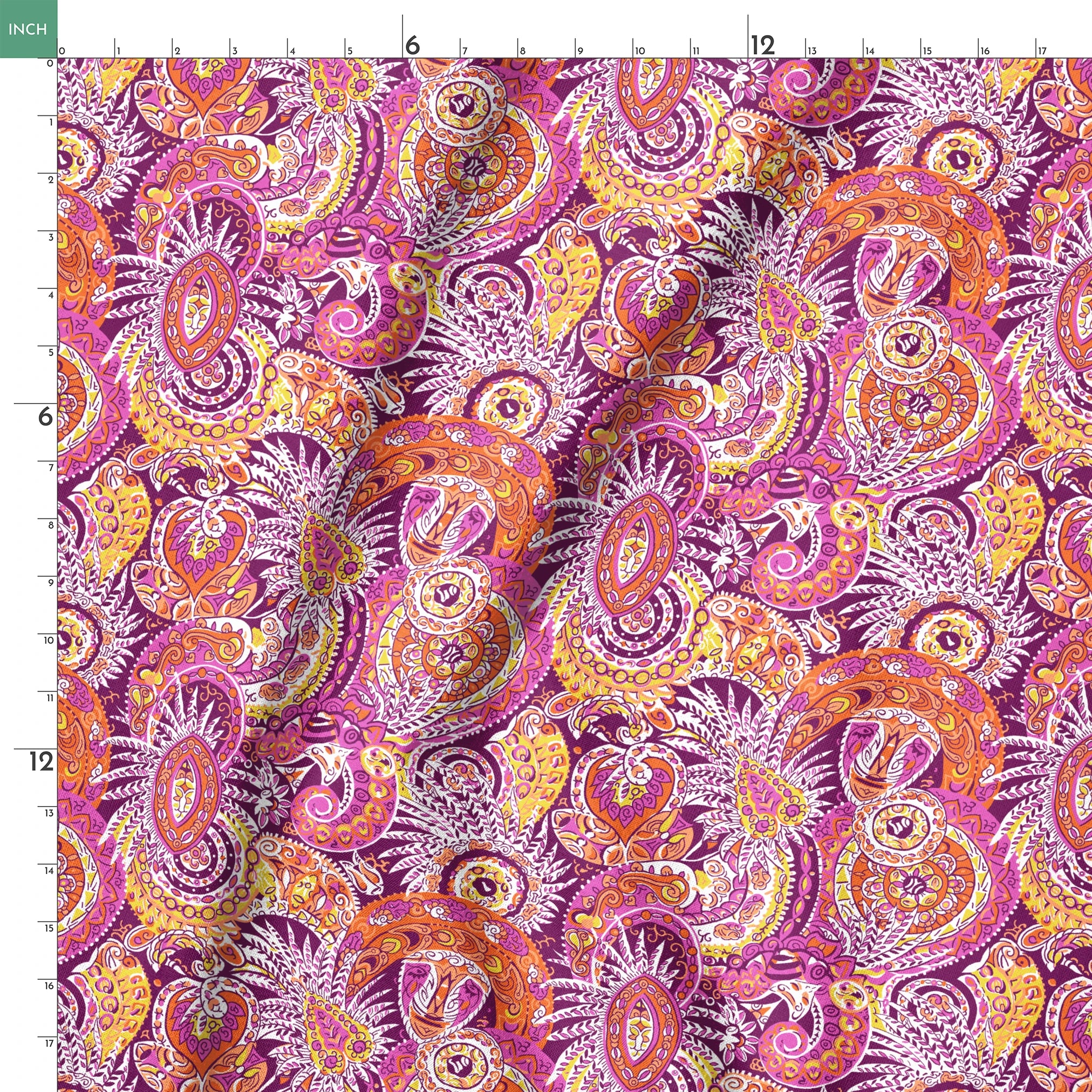 Vibrant paisley pattern with swirling shapes in purple, orange, pink, and yellow tones springs ruler 18x18