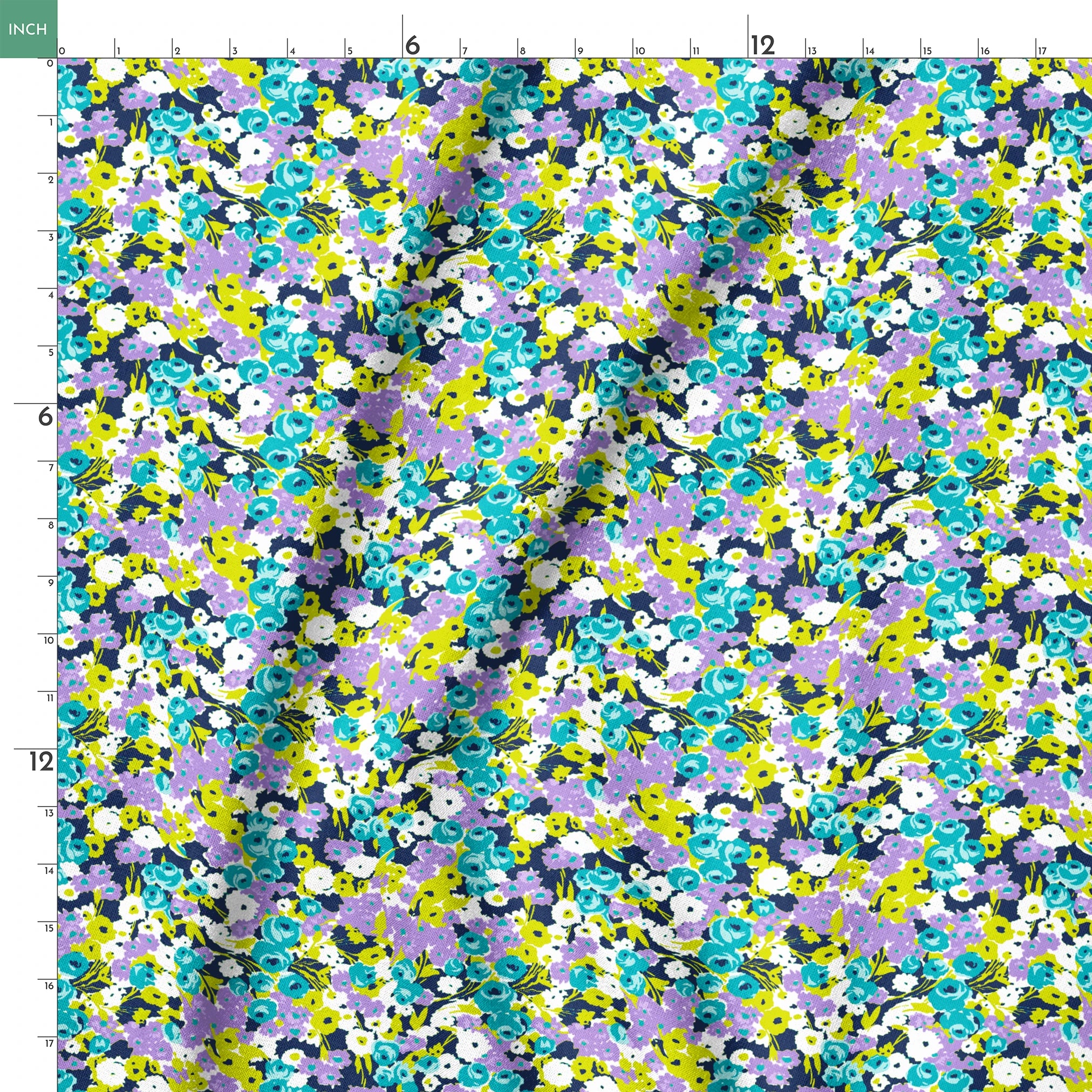 Vibrant floral pattern with turquoise, purple, white, and chartreuse blooms on dark background springs ruler 18x18