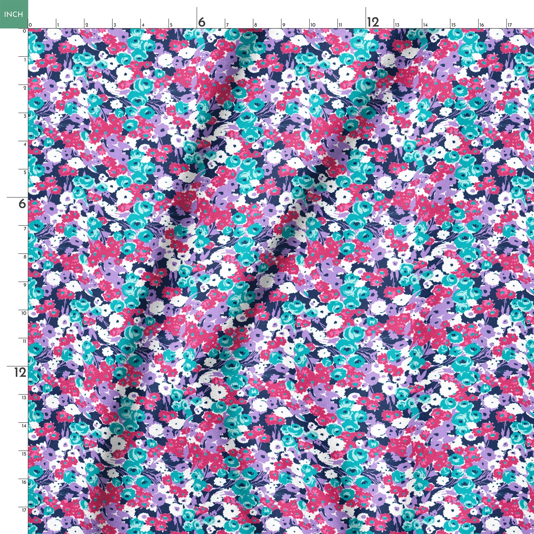 Vibrant floral pattern with pink, white, purple, and turquoise flowers on dark indigo background springs ruler 18x18