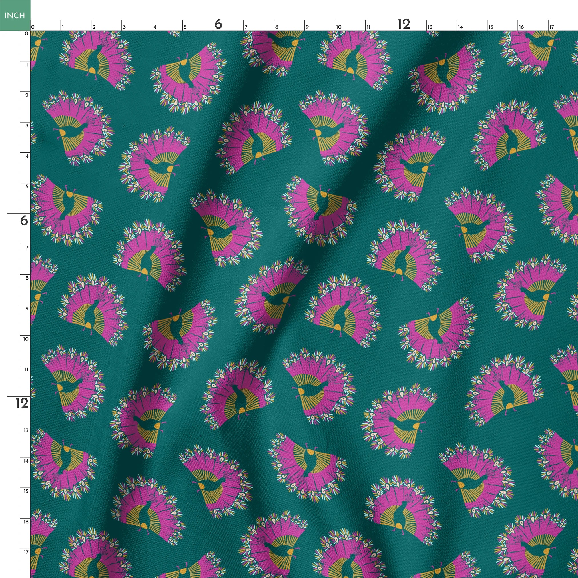 Vibrant pattern of pink circular bursts with yellow-green bird silhouettes on teal background springs ruler 18x18