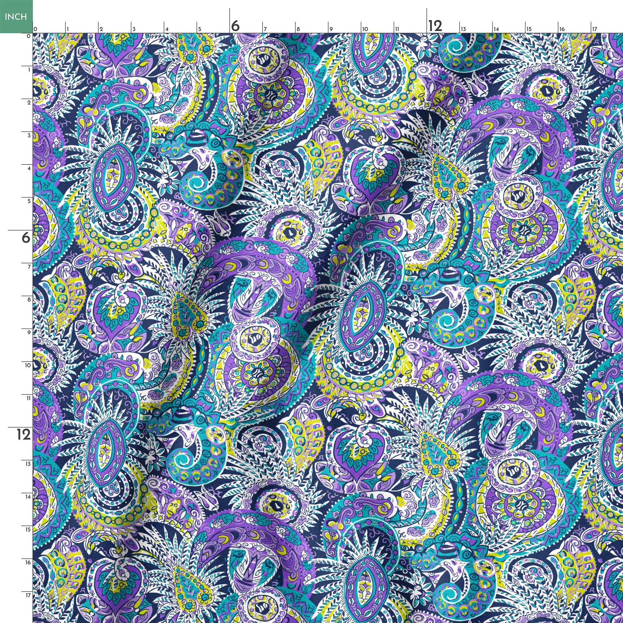 Vibrant paisley pattern with swirling designs in purple, blue, yellow, and white springs ruler 18x18