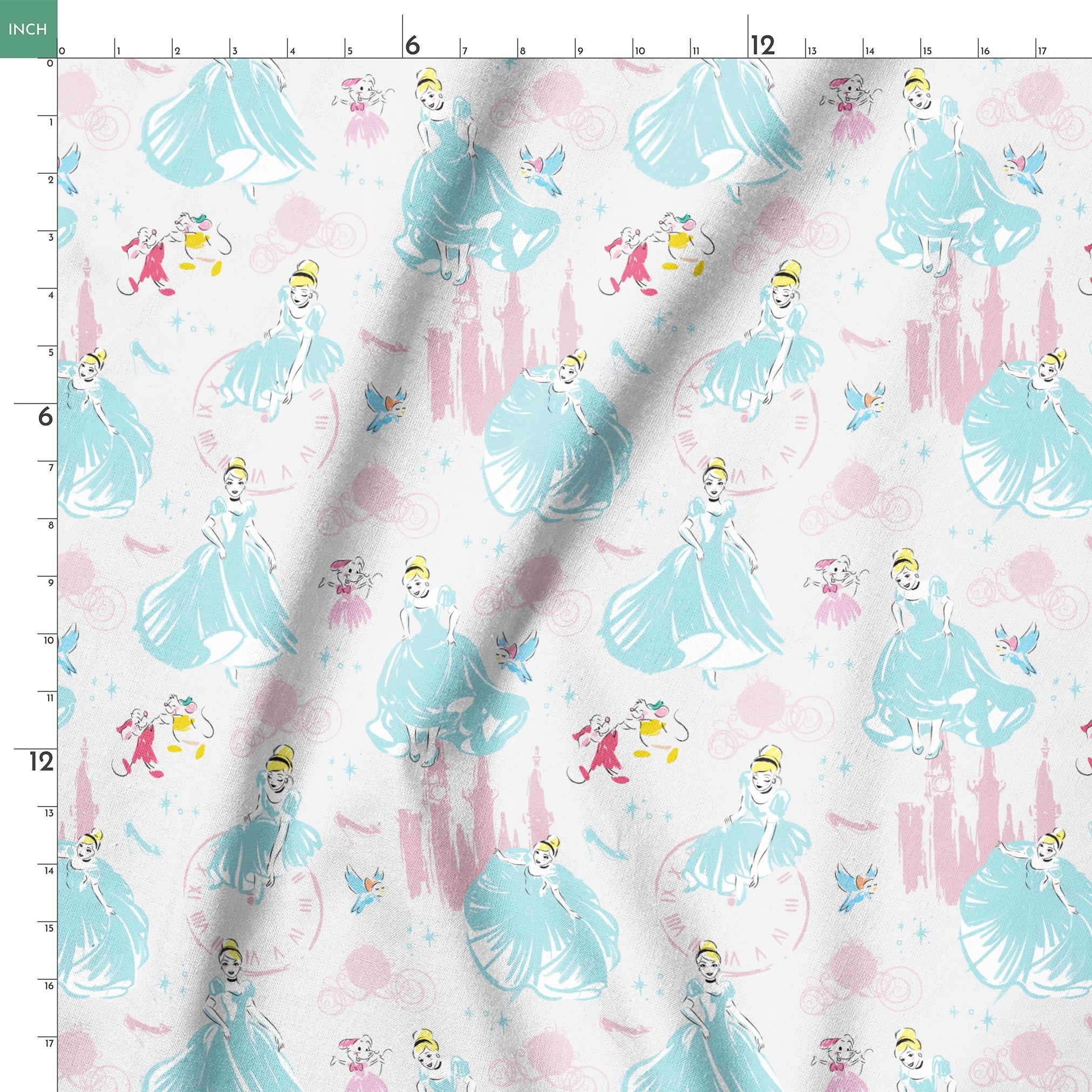 Dreamy Cinderella pattern with blue gowns, castle silhouettes, glass slippers, and blue birds on pale background springs ruler 18x18