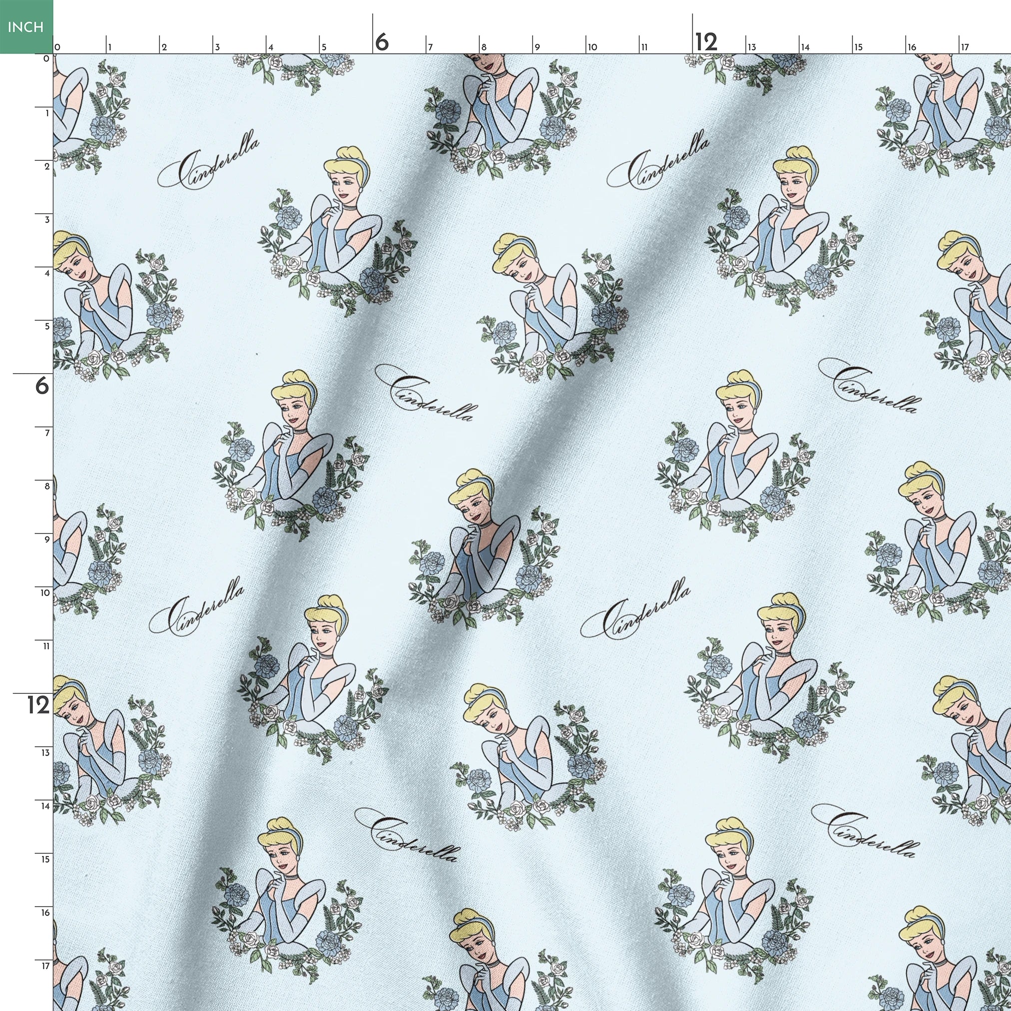 The image shows a pattern featuring a cartoon princess character in a blue dress surrounded by decorative green wreaths on a light blue background. The word "Cinderella" appears in cursive script throughout the design. springs ruler 18x18
