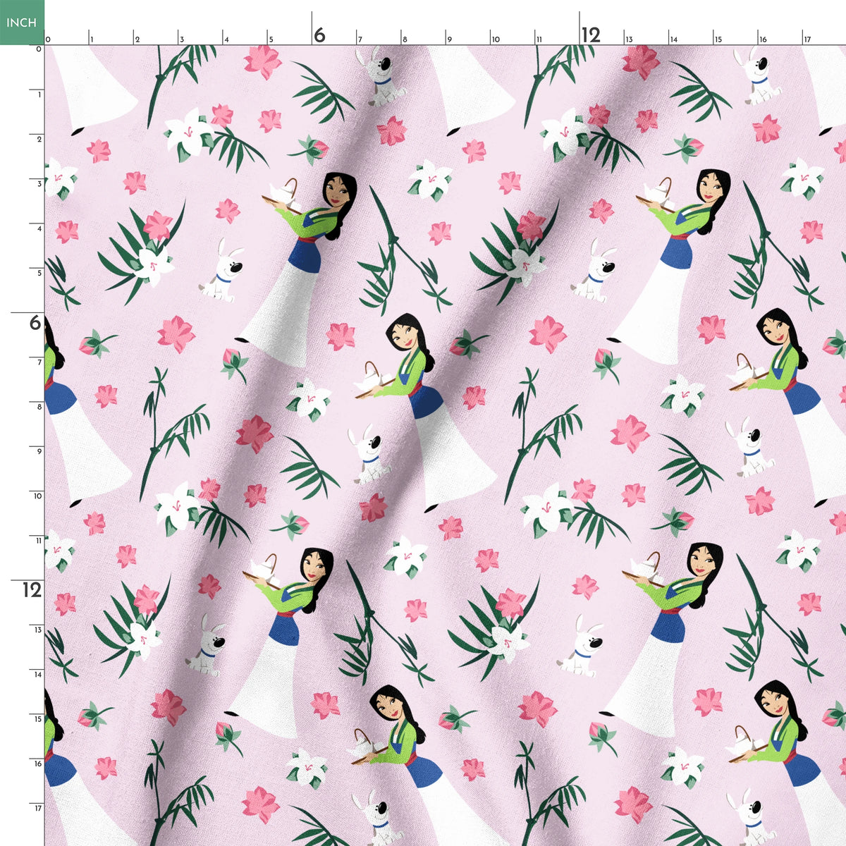 Illustrated pattern on light purple background with cartoon figures in white dresses, pink flowers, green palm leaves, and white rabbits. springs ruler 18x18