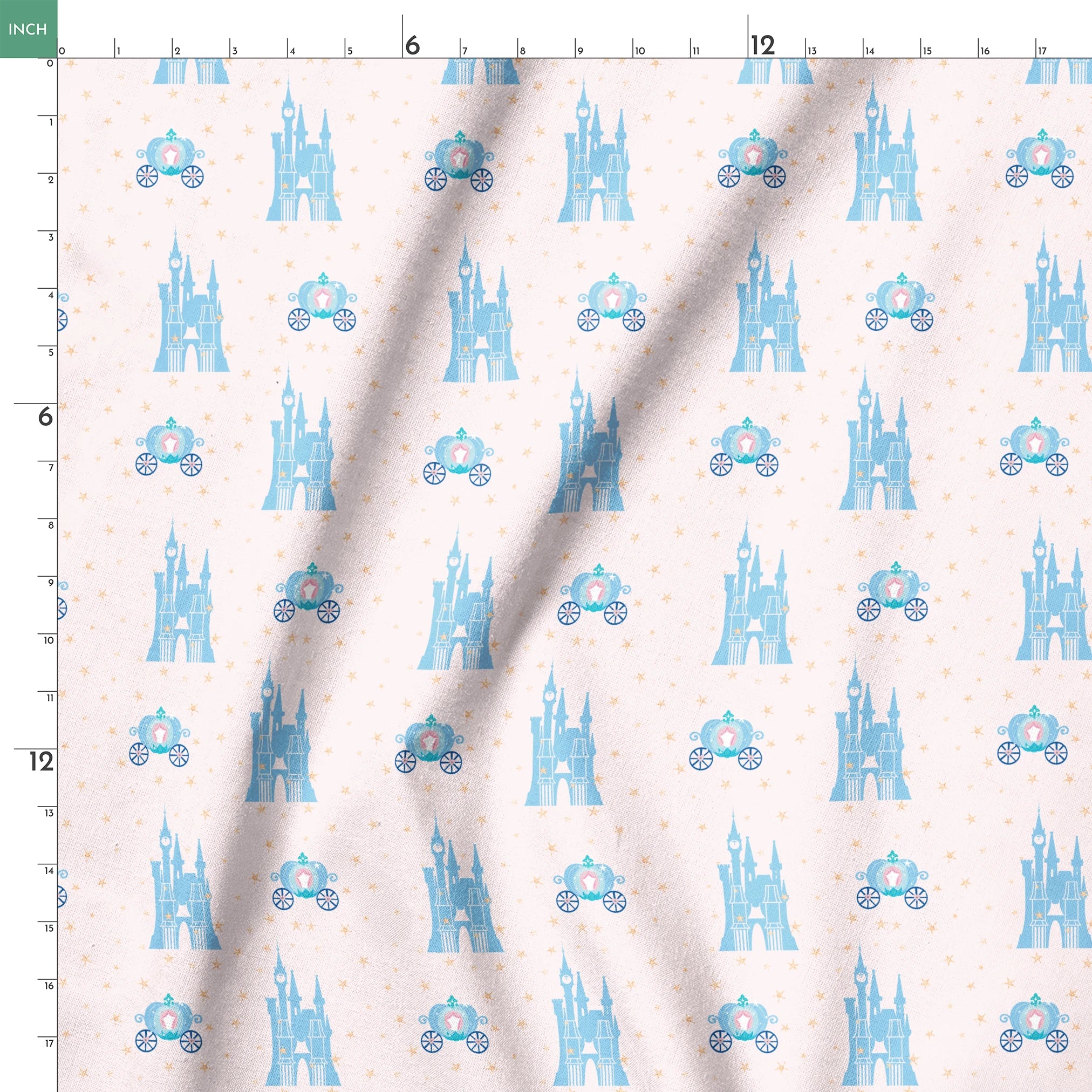 Cinderella pattern with blue castles, carriages, and gold stars on pale pink background springs ruler 18x18