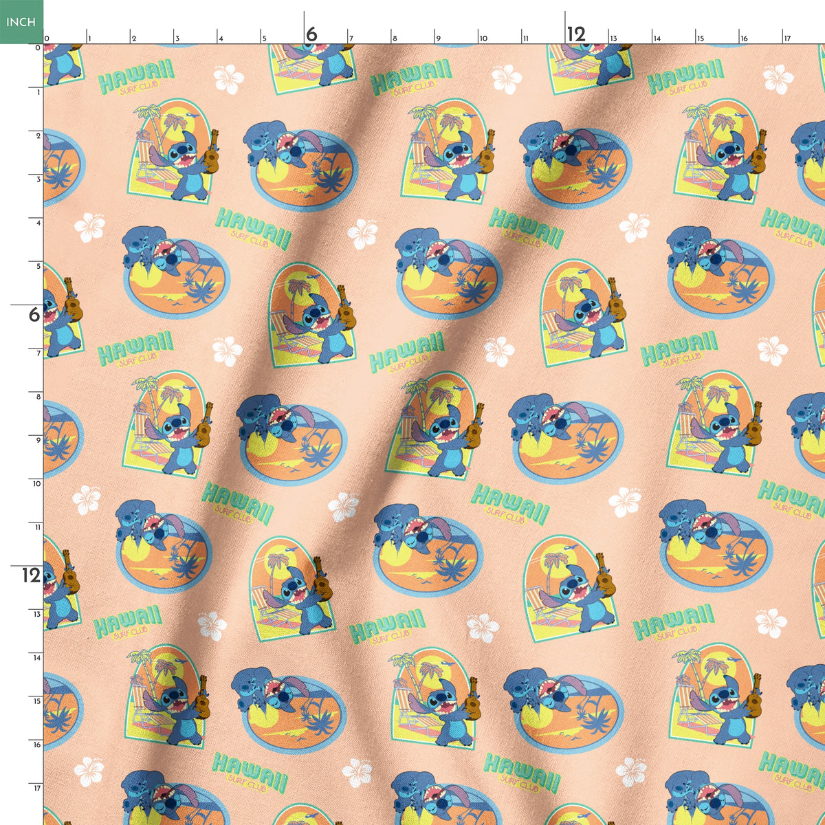 Disney's Stitch character on peach background with Hawaii-themed illustrations featuring surfboards, ukulele, and tropical imagery springs ruler 18x18