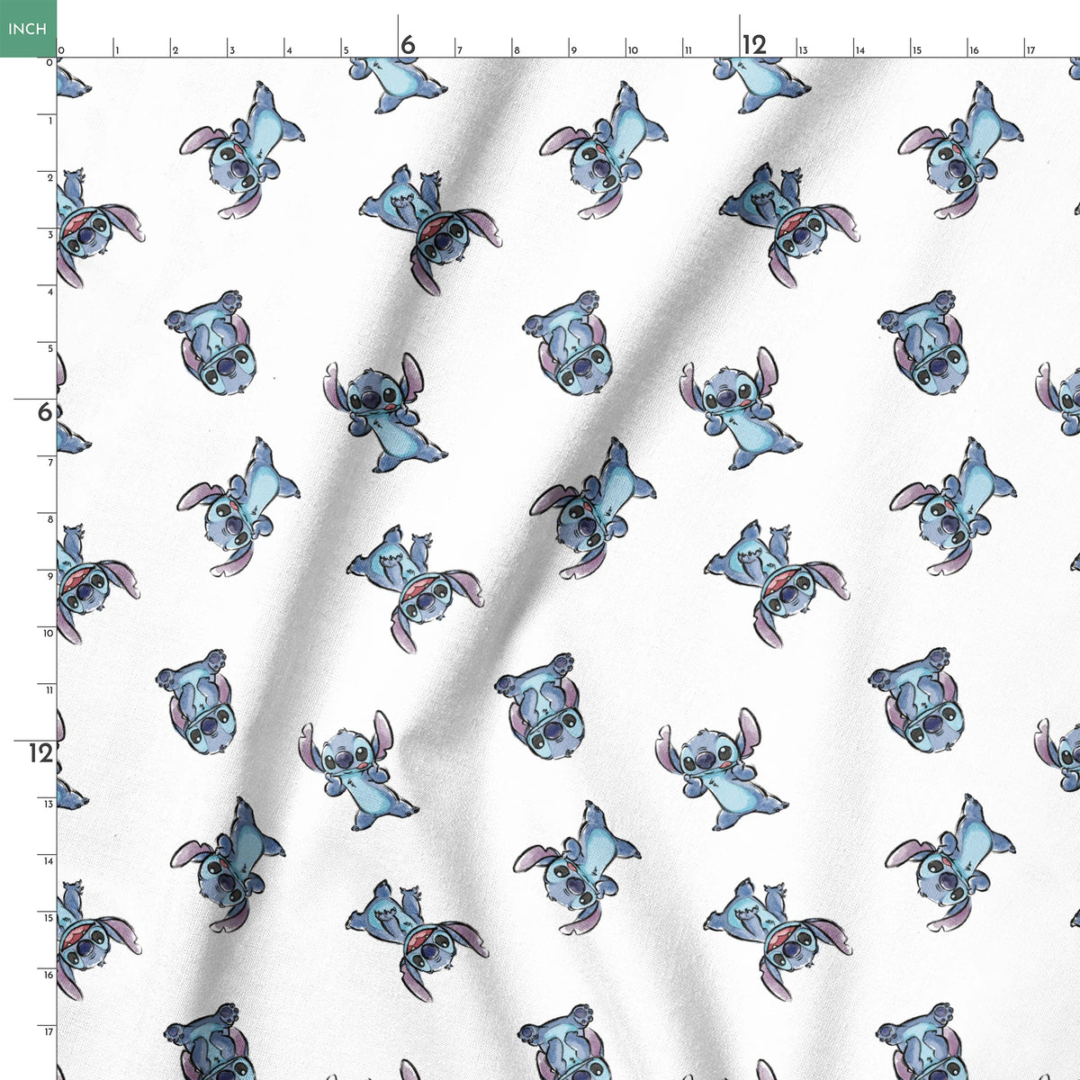 Blue cartoon Stitch characters from Disney's Lilo & Stitch in various playful poses on white background springs ruler 18x18