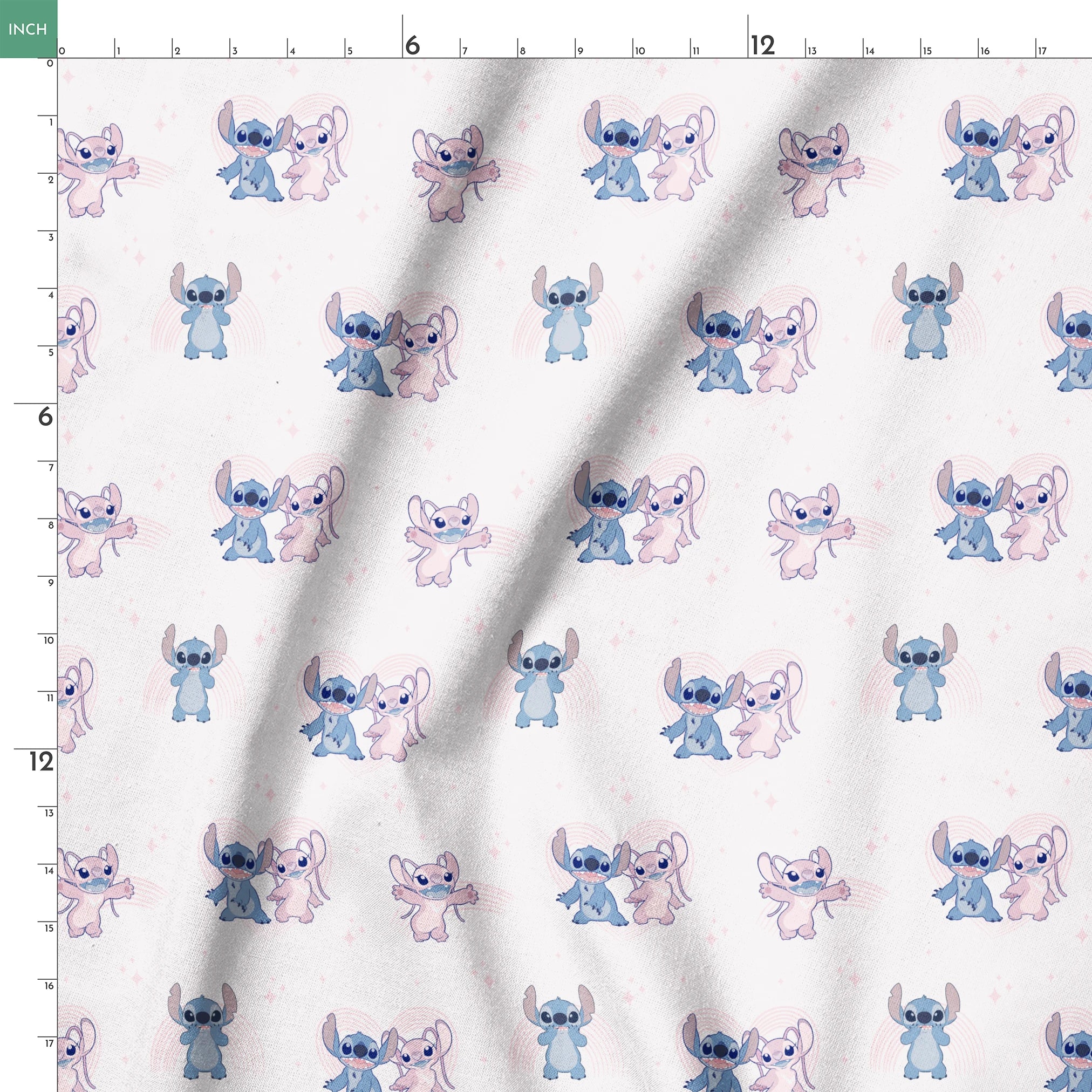 Cartoon pattern of blue and pink Stitch characters from Lilo & Stitch with playful poses on pale background springs ruler 18x18