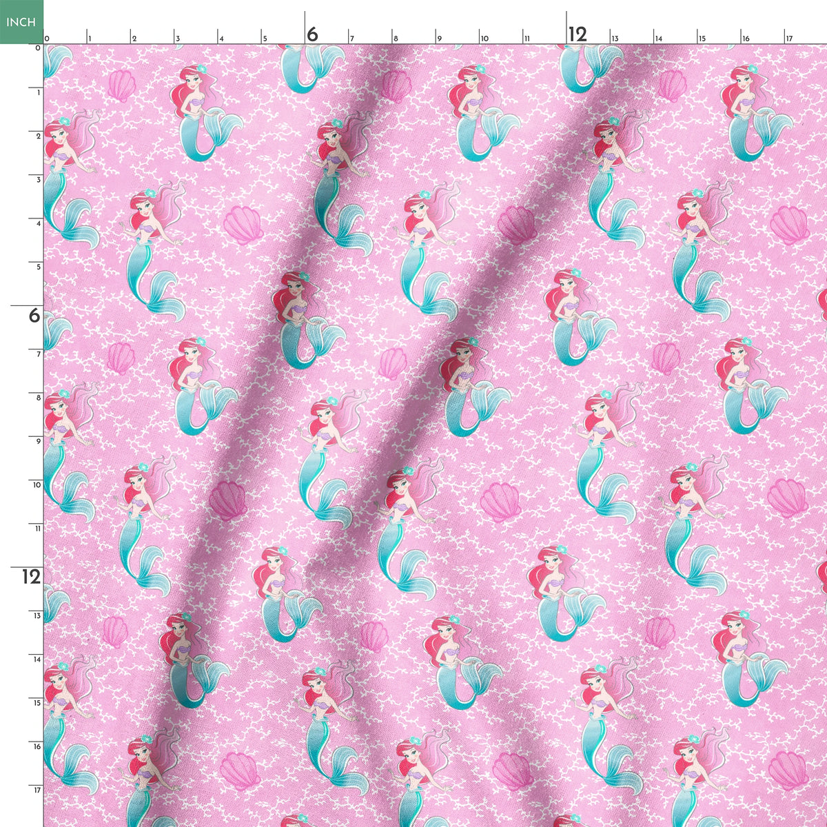 The Little Mermaid pattern with Ariel and purple seashells on pink background with white bubbles springs ruler 18x18