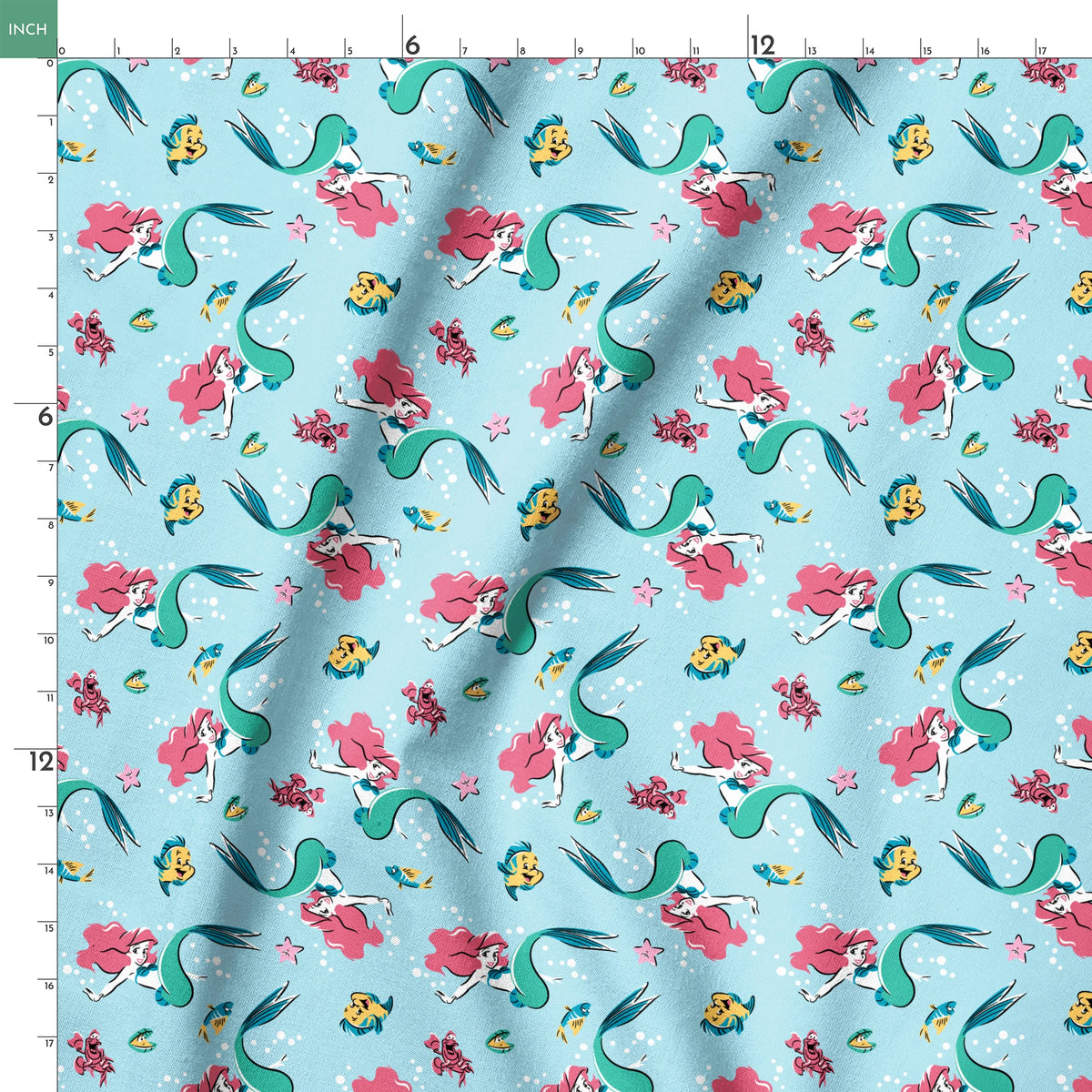 Underwater pattern with colorful mermaids, tropical fish, crabs, and starfish on light blue background springs ruler 18x18