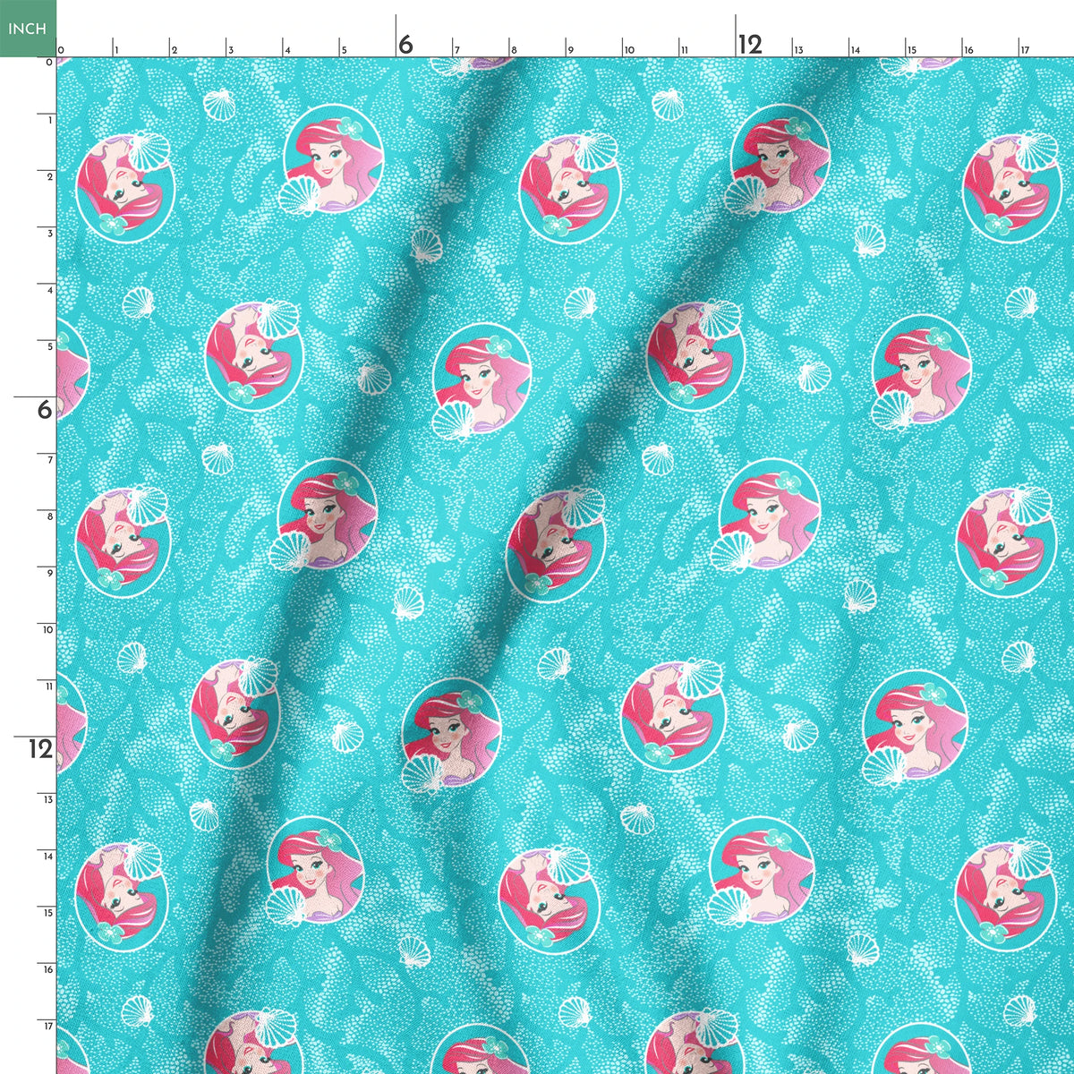 The Little Mermaid pattern with Ariel in turquoise circles on aqua background with seashells springs ruler 18x18