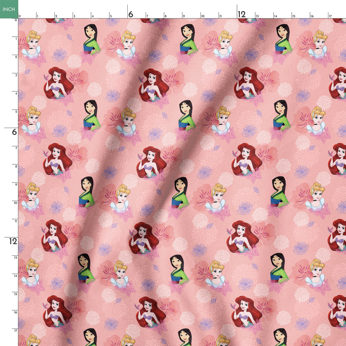 Disney princess characters on pink floral background with delicate flower patterns springs ruler 18x18