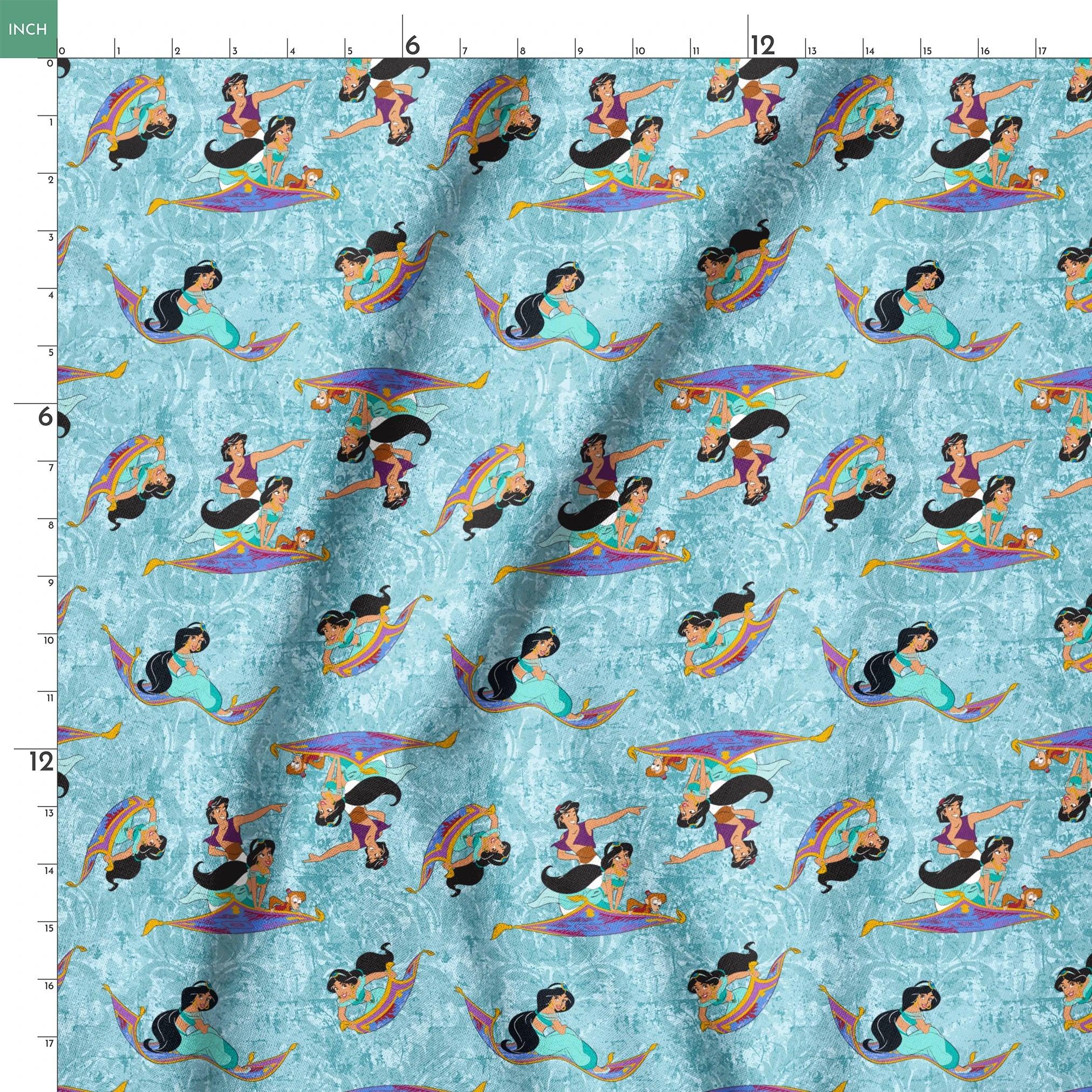 Aladdin and Princess Jasmine riding magic carpets against a light blue marbled background pattern springs ruler 18x18