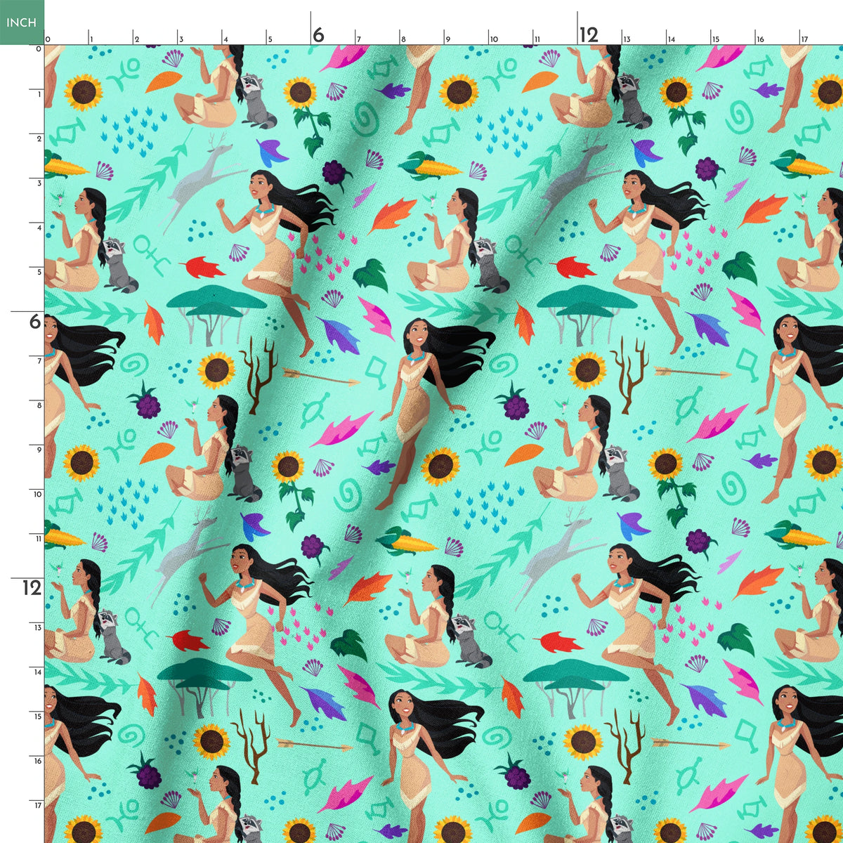 Colorful pattern with figures in nature motifs featuring sunflowers, leaves, and flowing design elements on turquoise background springs ruler 18x18