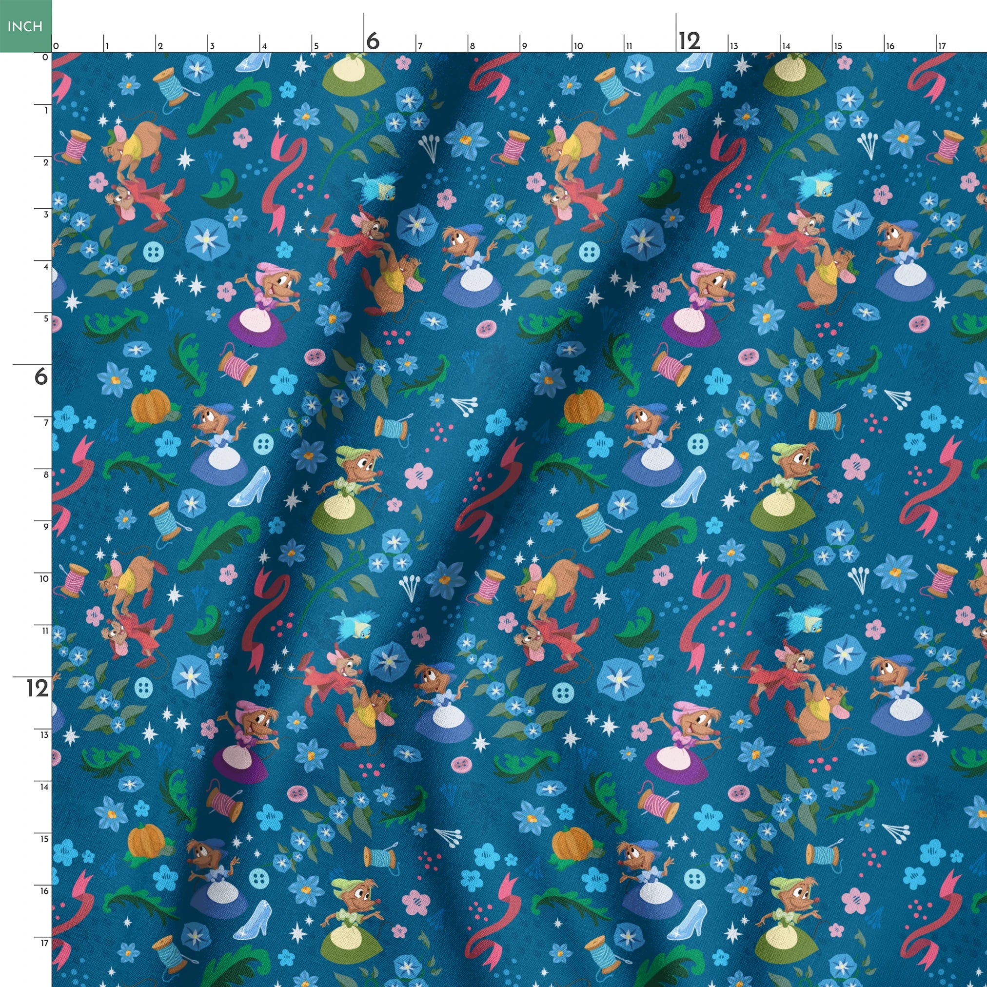 Colorful fairy tale pattern with mice, glass slippers, pumpkins, and floral elements on deep blue background springs ruler 18x18