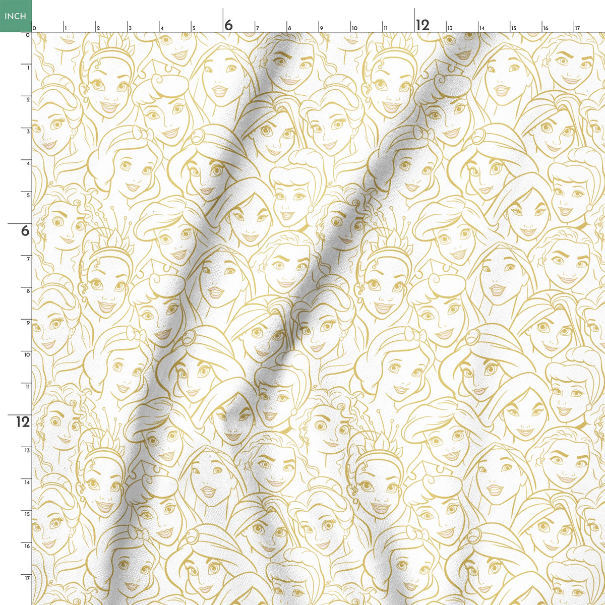 Golden line art of Disney princesses in an overlapping collage pattern with expressive facial features. springs ruler 18x18