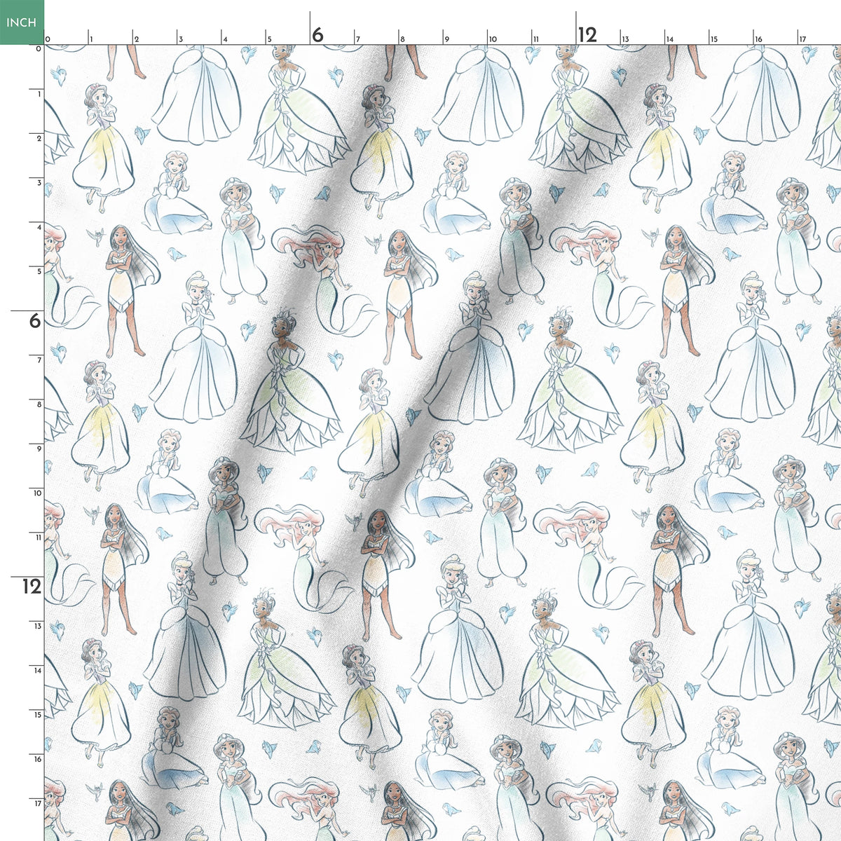 Illustrated pattern of Disney princesses in elegant dresses with sparkles on light background springs ruler 18x18