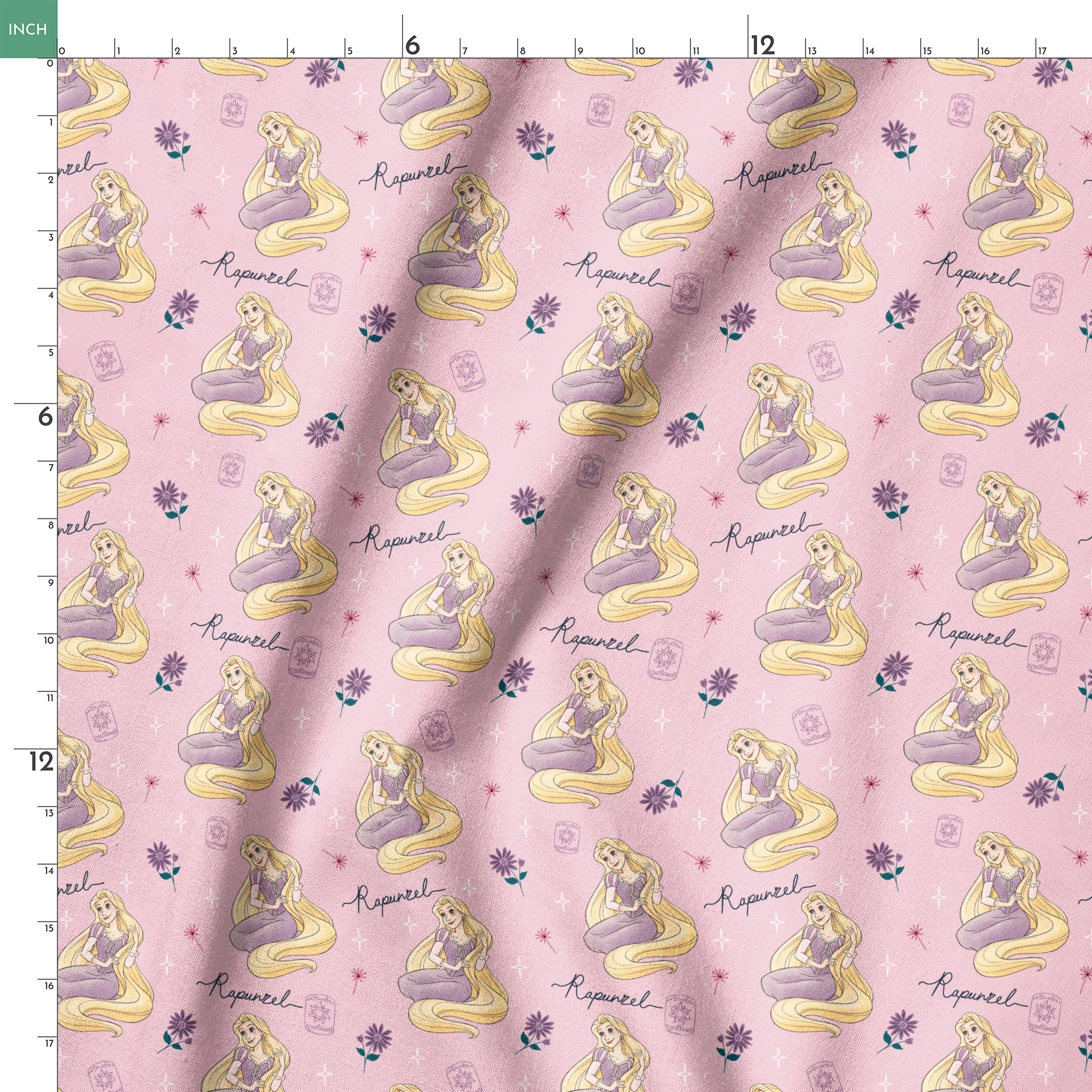 Repeating pattern of blonde character in purple dress with long flowing hair, flowers, and "Rapunzel" text on pink background springs ruler 18x18