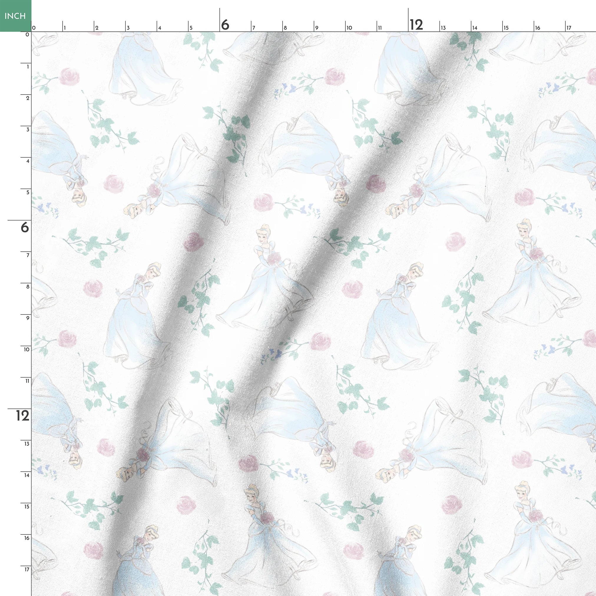 Delicate pattern of flowing blue dresses, pink roses, and mint green foliage on a light background springs ruler 18x18