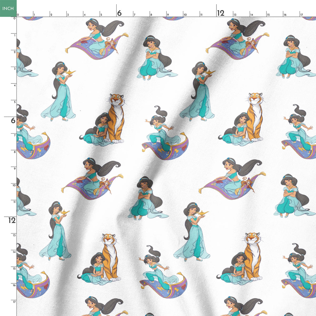 Cartoon pattern featuring a princess in teal outfit with long black hair in various poses with a magic carpet and tiger springs ruler 18x18