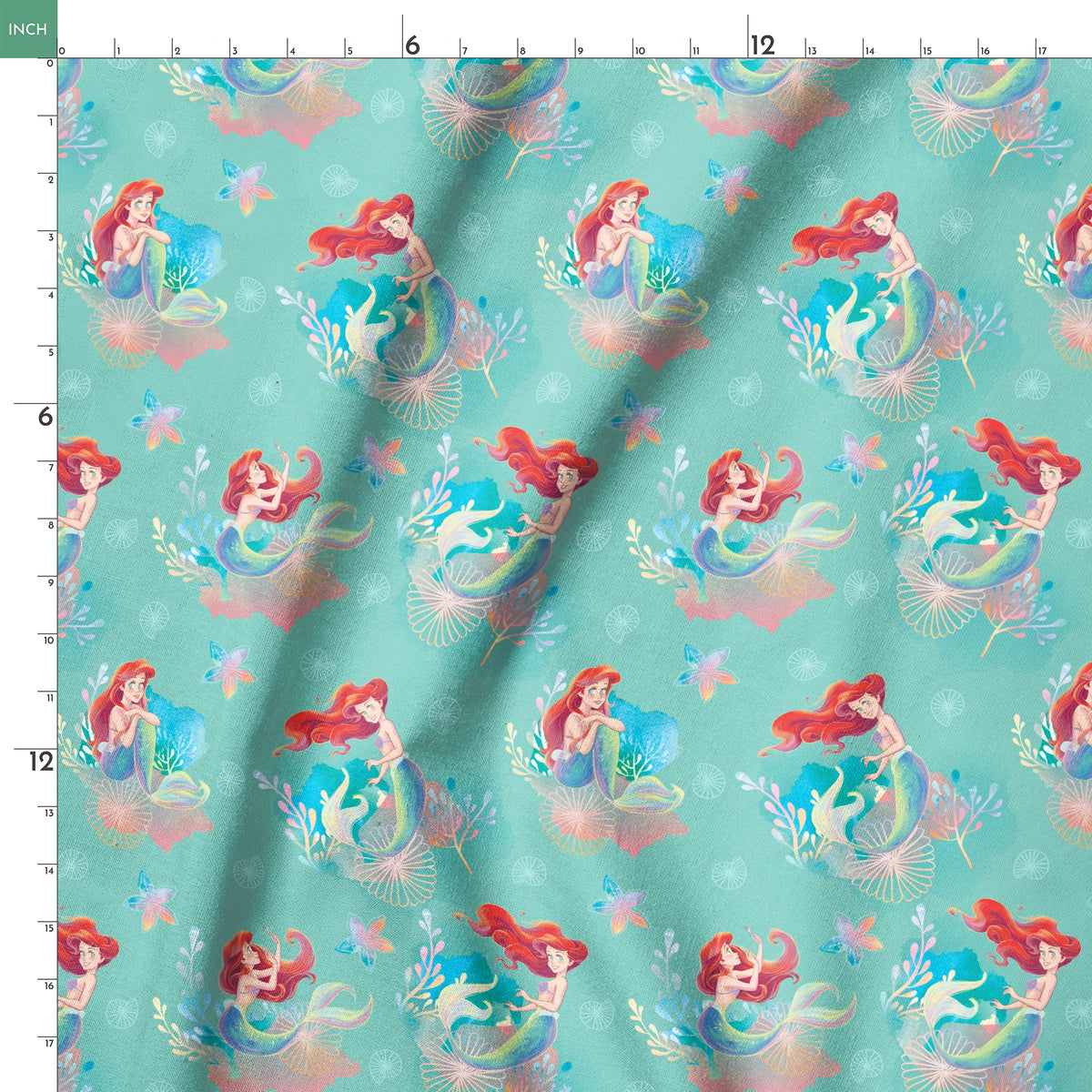 Whimsical teal pattern featuring mermaids with red hair, seashells, starfish, and coral in pastel colors springs ruler 18x18