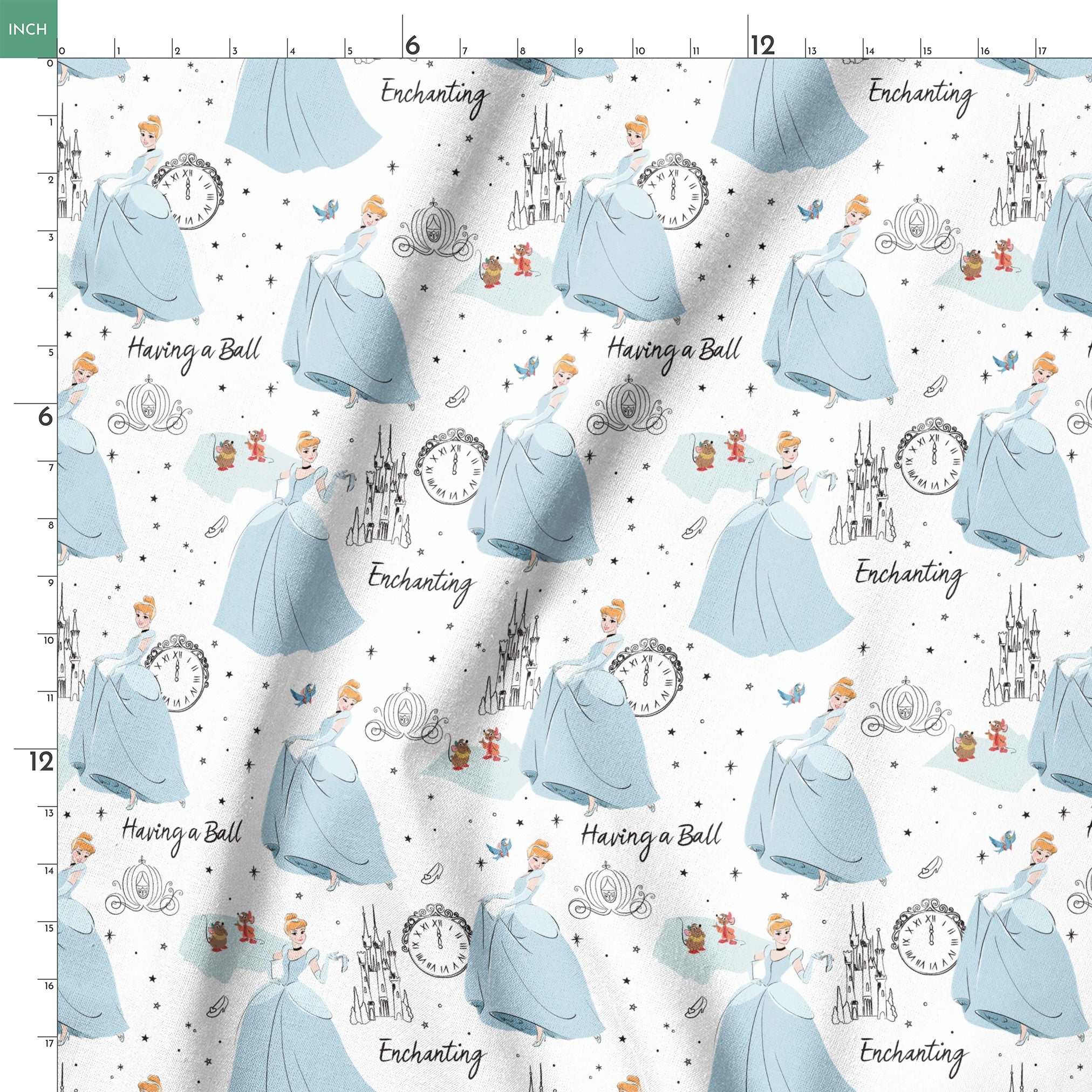Whimsical pattern featuring cartoon princess in blue gown, clocks, castles, carriages and "Enchanting" text on white background springs ruler 18x18
